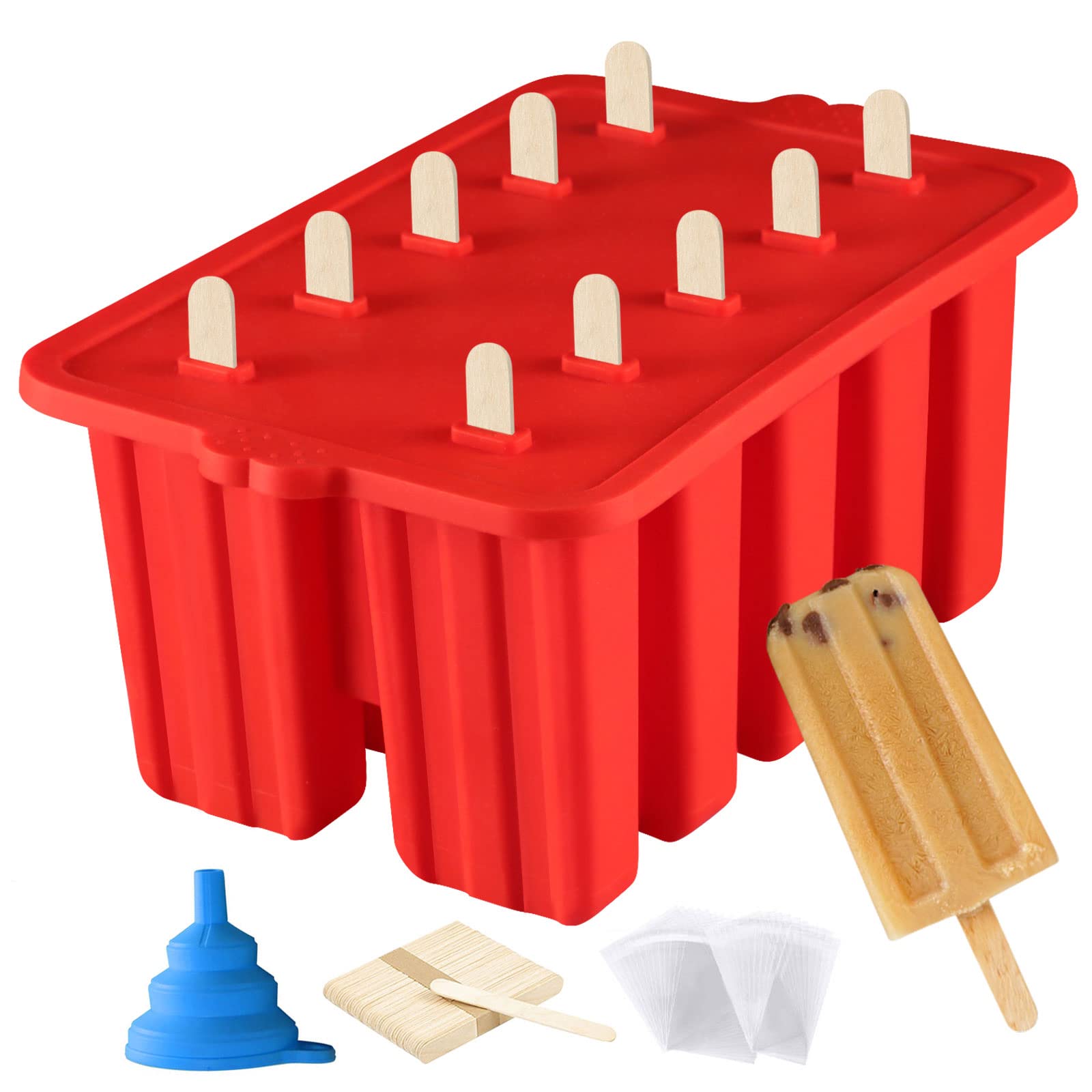 BPA-Free Silicone Popsicle Molds - 10 Cavity Cone Shaped Ice Pop Maker with Sticks & Funnel for Homemade Frozen Treats - Perfect for Summer Parties, Kids Snacks & Healthy Dessert Making