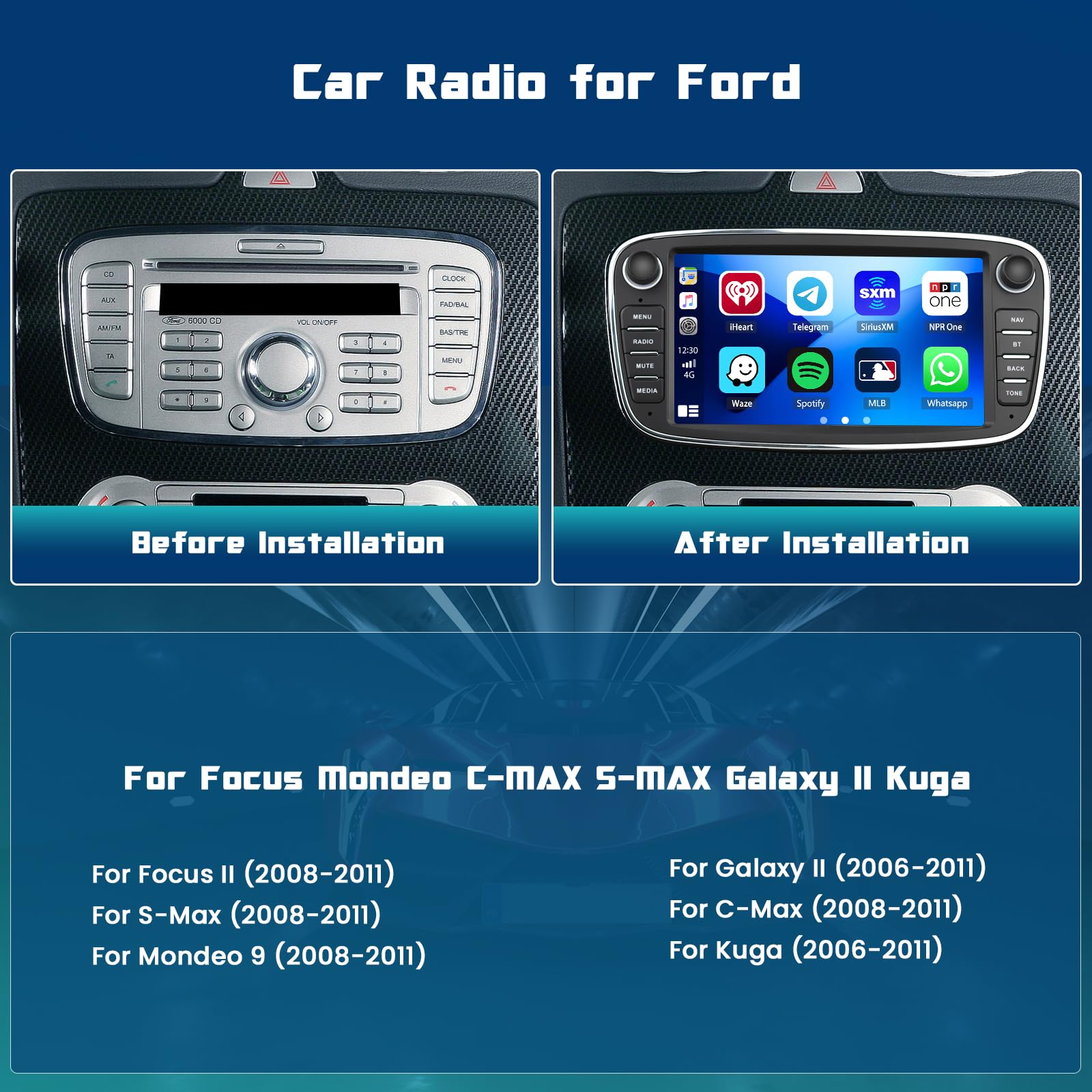 Hikity 7 Inch Android Car Stereo for Ford Focus S-Max Mondeo Galaxy II C-Max Kuga - Touchscreen Radio with CarPlay Android Auto GPS Navigation WiFi Backup Camera HiFi FM RDS SWC - Perfect for Upgrading Your Ford Car Entertainment System
