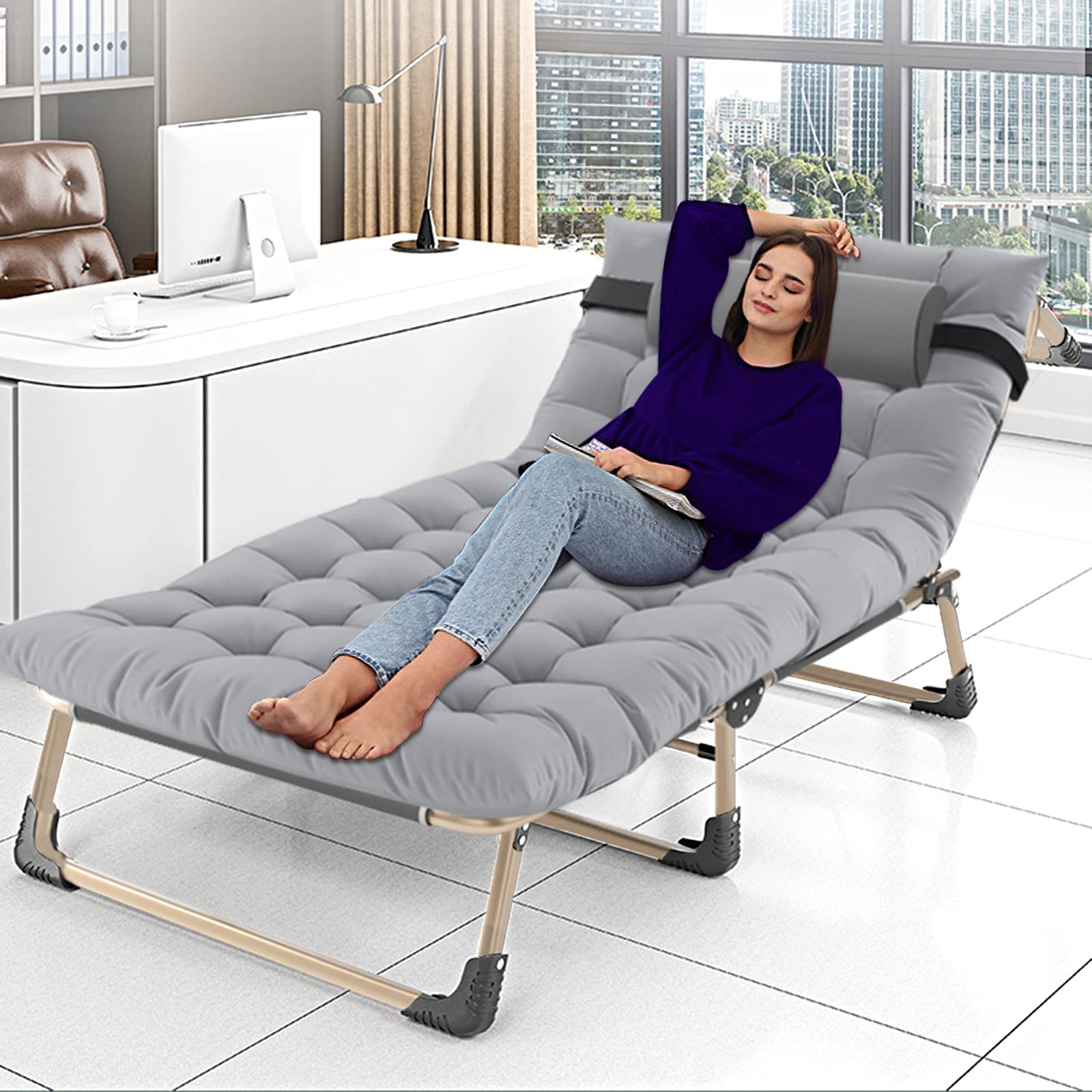 Barbella Folding Lounge Chair - 4-Position Adjustable Reclining Chair with Pillow, Portable Chaise for Camping, Beach, Pool & Patio | Perfect for Sun Tanning, Relaxing & Outdoor Lounging