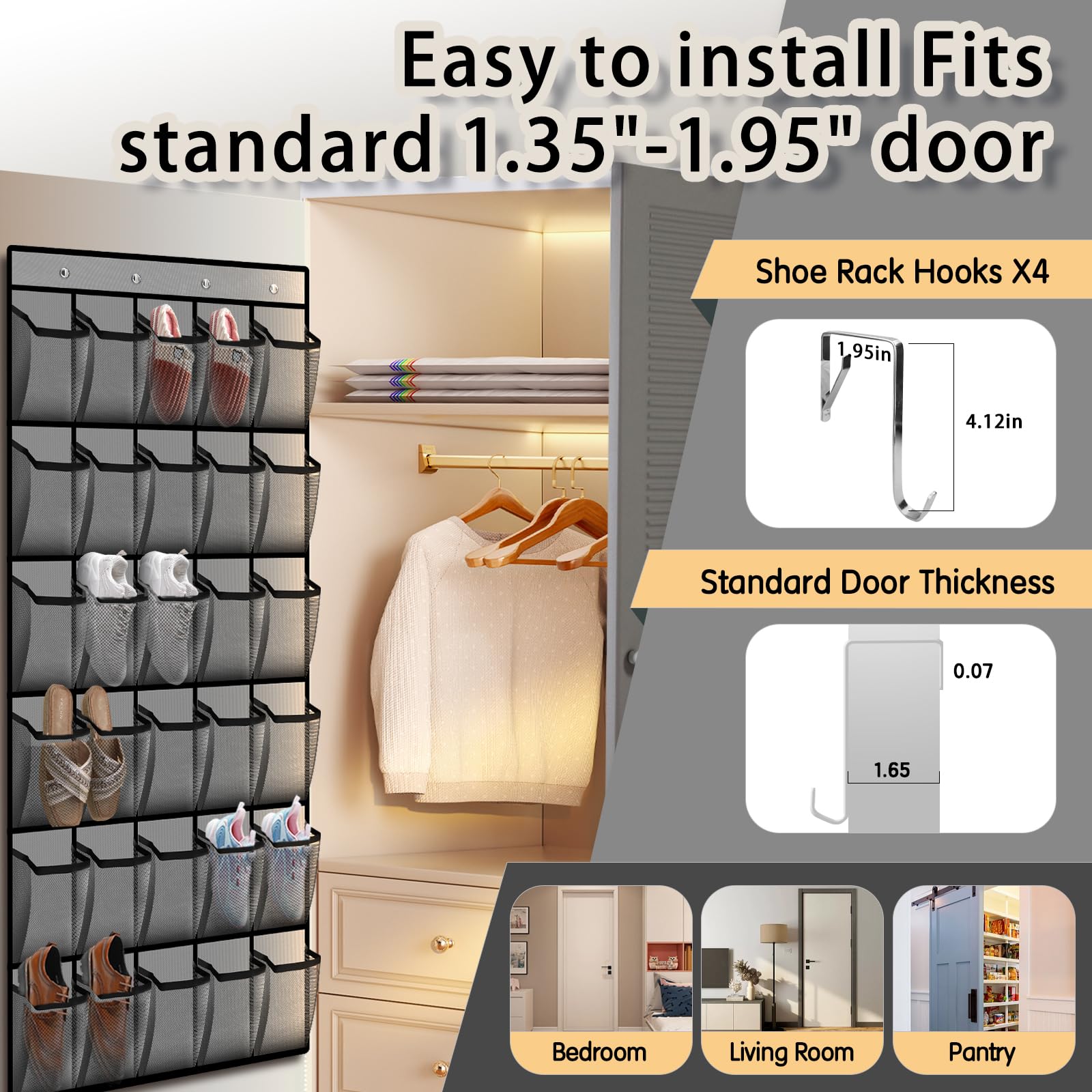 30 Compartment Breathable Mesh Over the Door Shoe Organizer - Large Hanging Closet Storage for Men & Women - Perfect for Bedroom, Closet, or Entryway Organization (Gray)