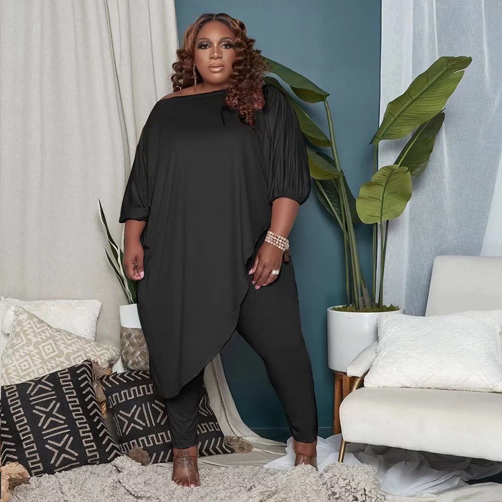 Plus Size Women's Tracksuits - Long Sleeve Asymmetrical Top & Bodycon Pants Sweatsuit Set | Casual Outfit for Workout, Lounge & Streetwear Fashion