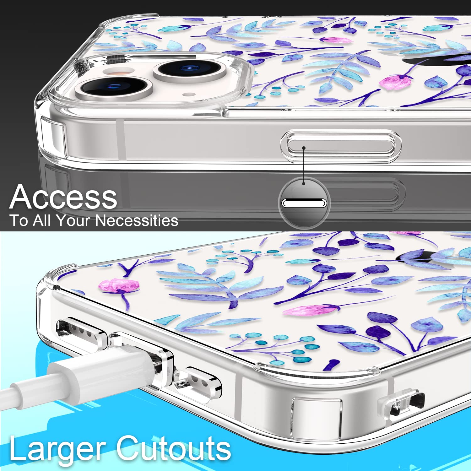 GiiKa iPhone 13 Mini Case with Screen Protector - 5.4 Inch Clear Full Body Shockproof Protective Case for Women, Floral Design Hard Case with TPU Bumper Cover - Perfect for Everyday Use, Travel & Outdoor Activities (Blue Floral)