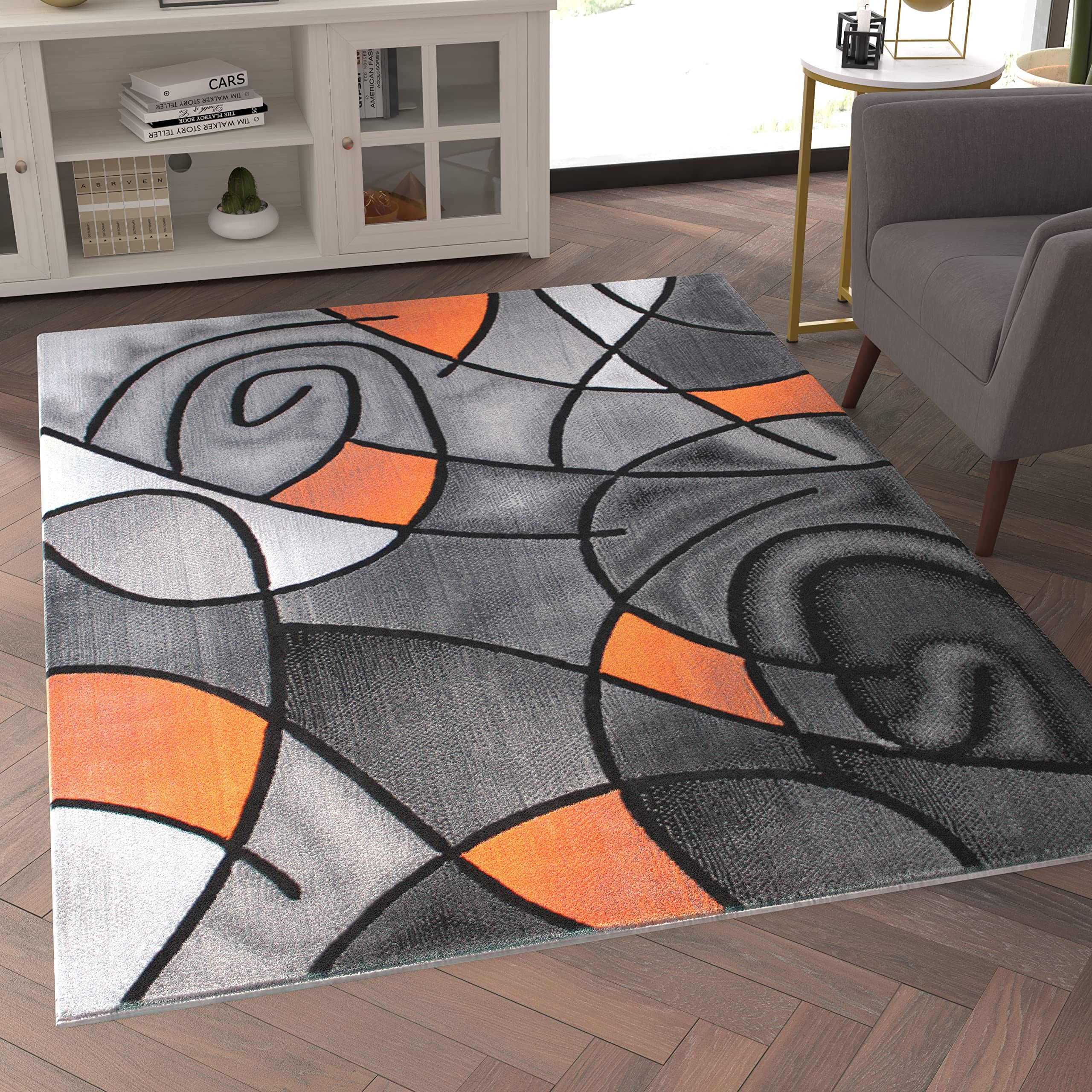 EMMA + OLIVER Urbane Plush Olefin Accent Rug - 5x7 Abstract Geometric Pattern with Gradient Gray & Vibrant Orange - Stain & Moisture Resistant Indoor Rug - Perfect for Living Room, Bedroom or Office Decor