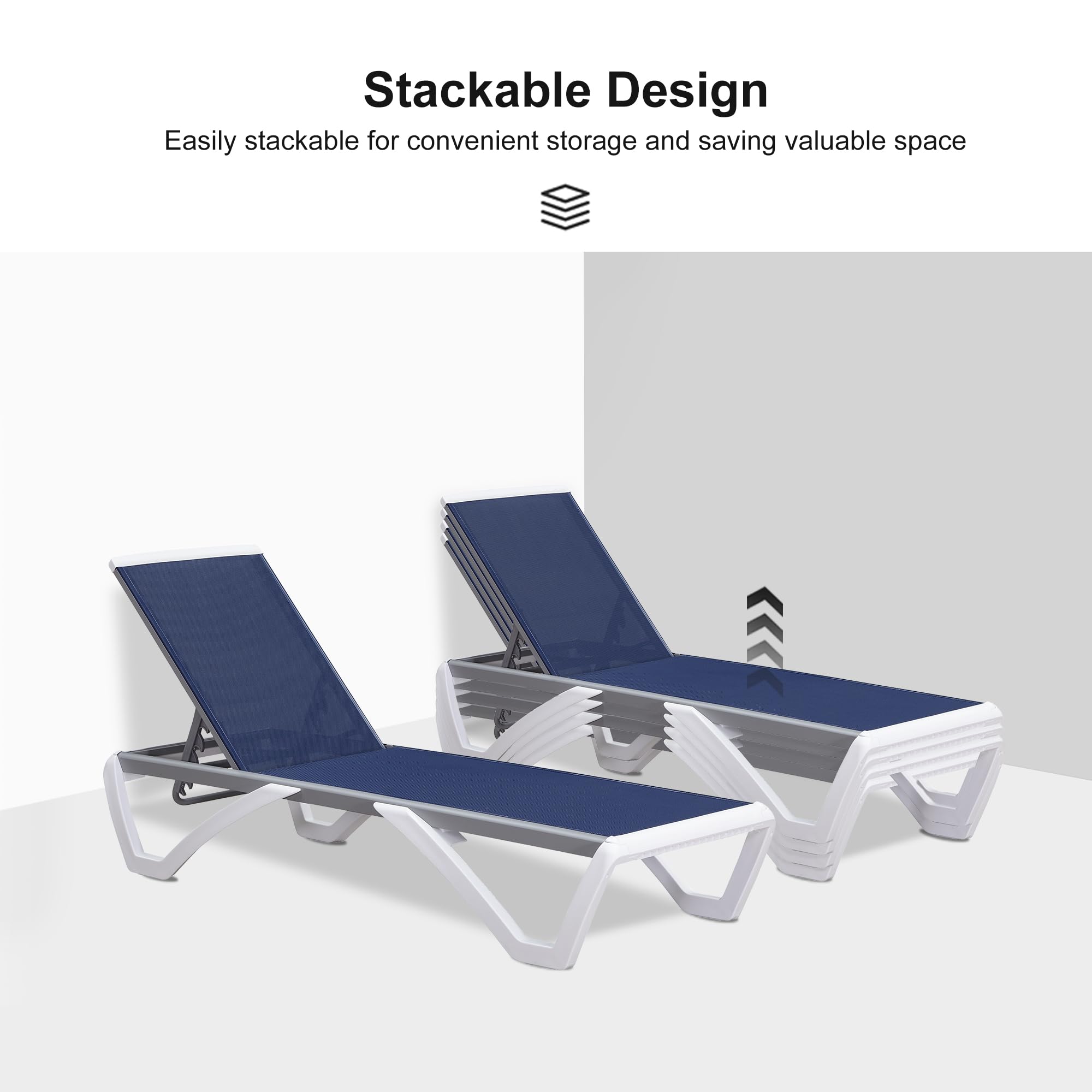 PURPLE LEAF 3-Piece Patio Chaise Lounge Chair Set - Aluminum & Plastic Stackable Sun Loungers for Pool, Beach, Deck - Dark Blue Outdoor Tanning Chairs for Relaxing & Sunbathing