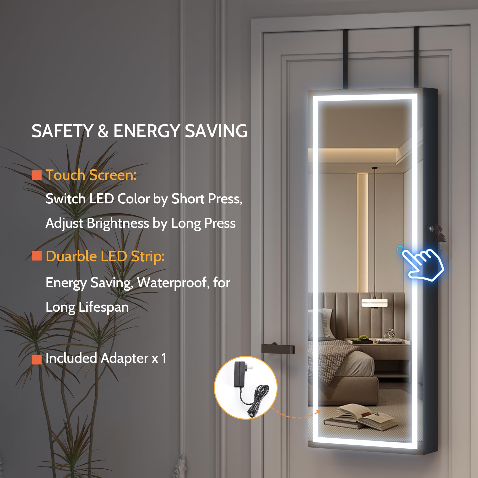 LVSOMT LED Mirror Jewelry Cabinet - Wall Mounted & Over Door Hanging Jewelry Organizer with Lights, Full Length Mirror & Jewelry Storage Armoire (Black) - Perfect for Bedroom, Closet & Dressing Room Organization