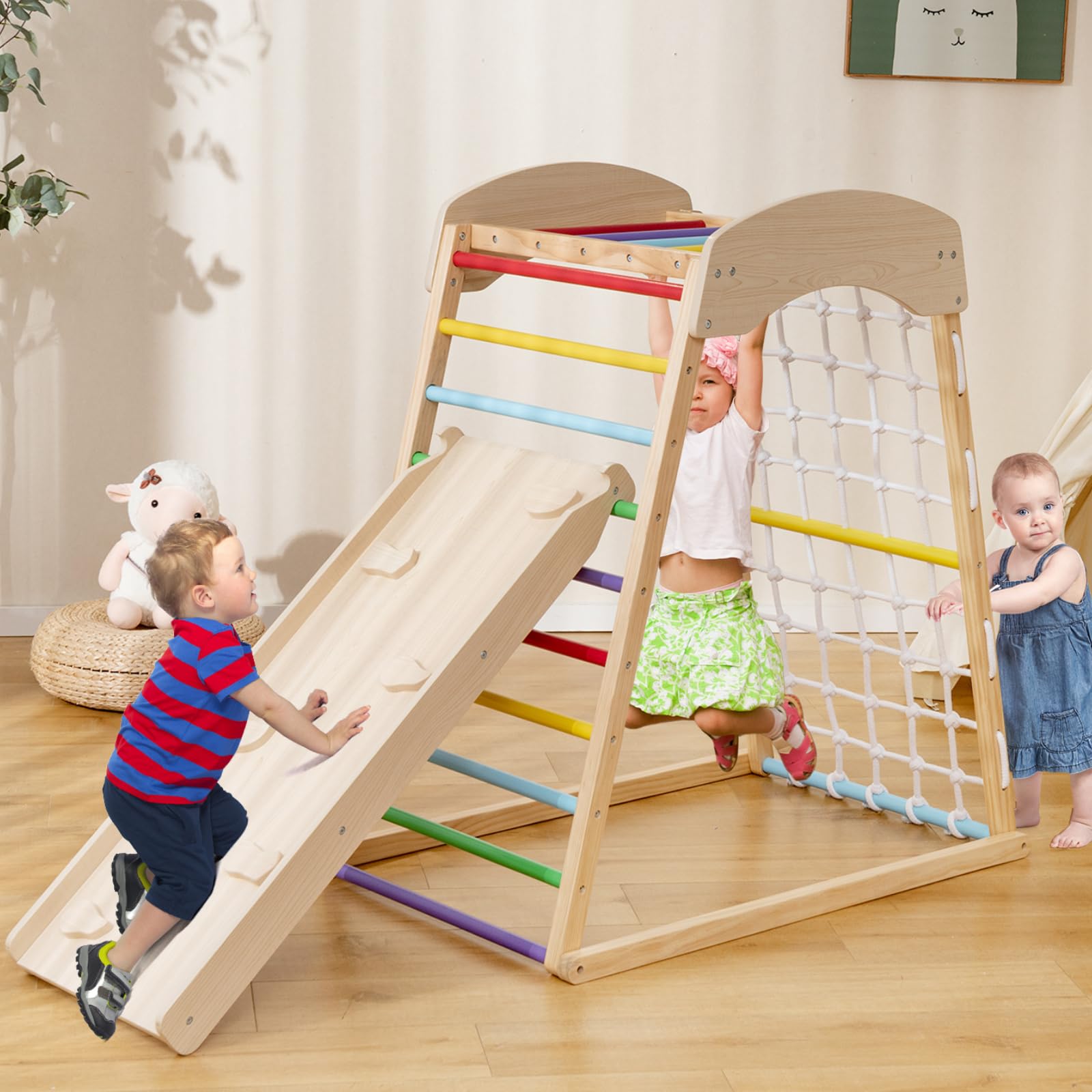 Costzon 6-in-1 Montessori Indoor Jungle Gym for Toddlers Ages 2-6 - Wooden Climbing Toys with Double-Sided Slide, Rock Wall & Net - Perfect for Home Playrooms, Daycares & Preschool Classrooms