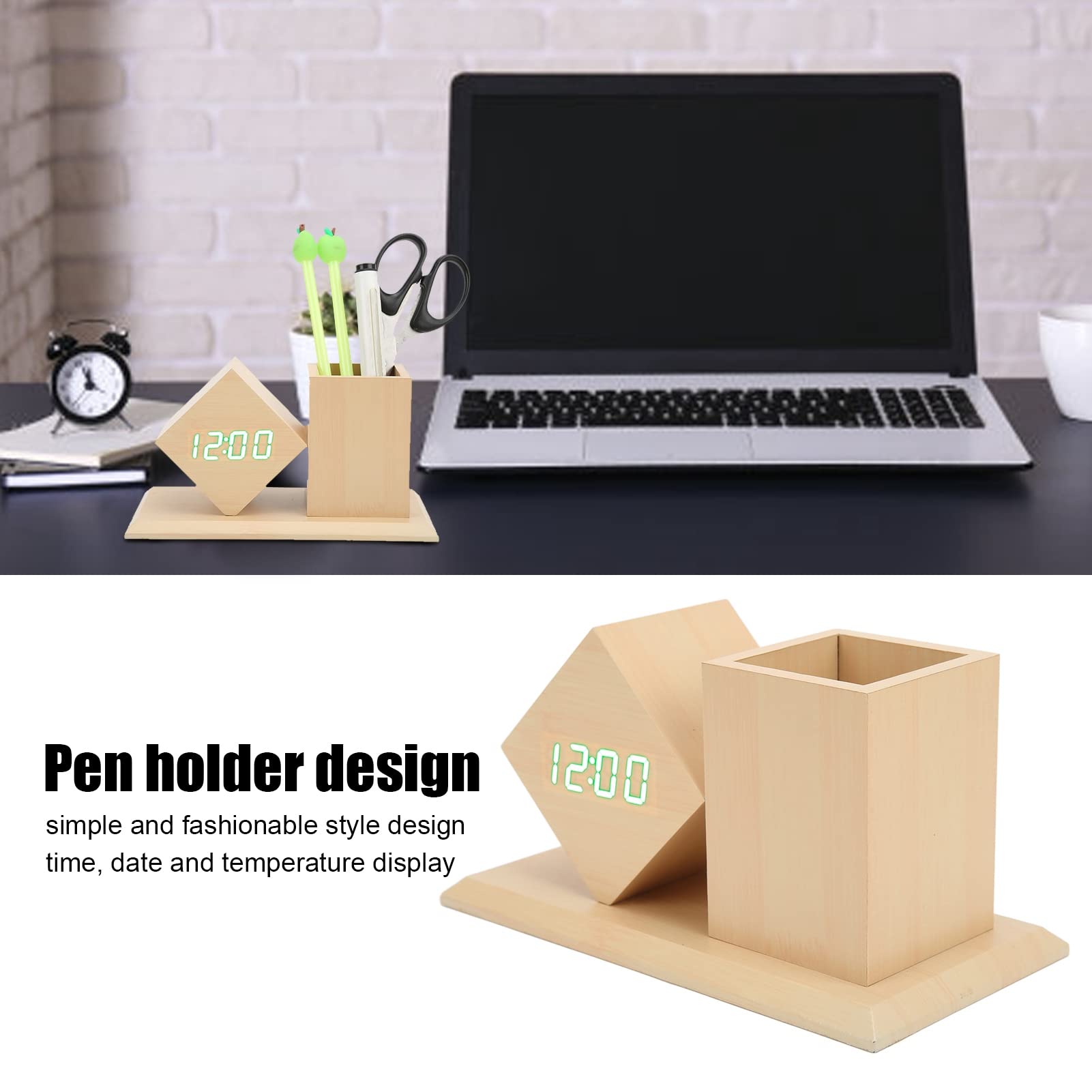 Wooden Digital Alarm Clock with Pencil Holder - Modern Office Desk Organizer for Pen Storage, Bedroom, Living Room & Kids Room - Stylish Wooden Clock for Home & Office Use