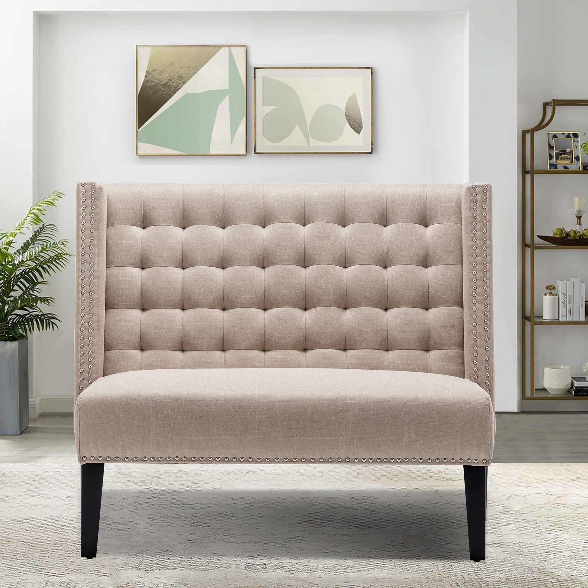 Modern Upholstered Bench with Tufted Back - Wooden Leg Loveseat Settee for Dining Room, Living Room & Entryway - Perfect for Small Spaces, Hallway Seating & Bedroom Decor (Khaki)