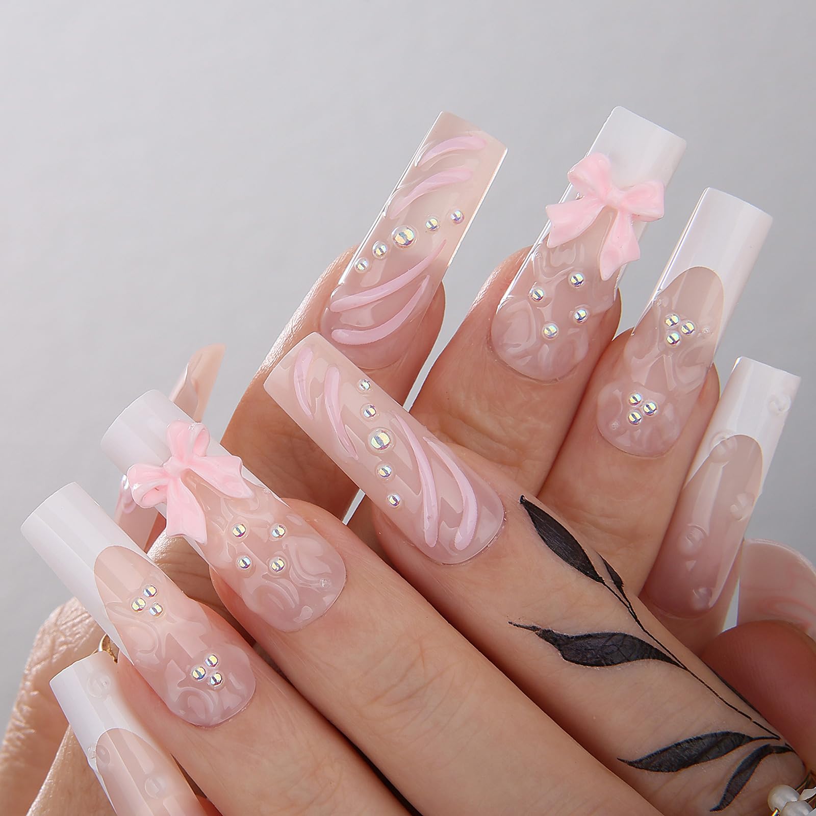 Cute Long Press On Nails Square Fake Nails - 24pcs 3D Gel Heart & Pink Bow French Design Acrylic Full Cover False Nails for Women | Perfect for Parties, Weddings & Daily Wear