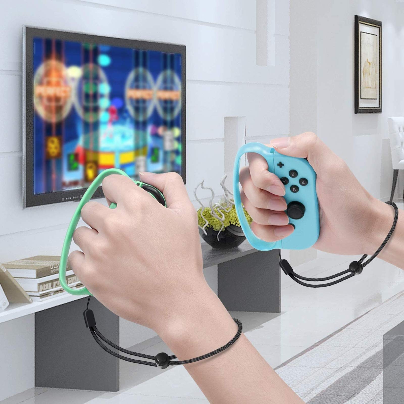Fitness Boxing Hand Grips for Nintendo Switch & OLED Model JoyCon - 2 Pack (Animal Crossing Blue & Green) - Enhance Boxing Game Experience for Adults & Kids - Perfect for Home Workouts & Family Gaming Fun