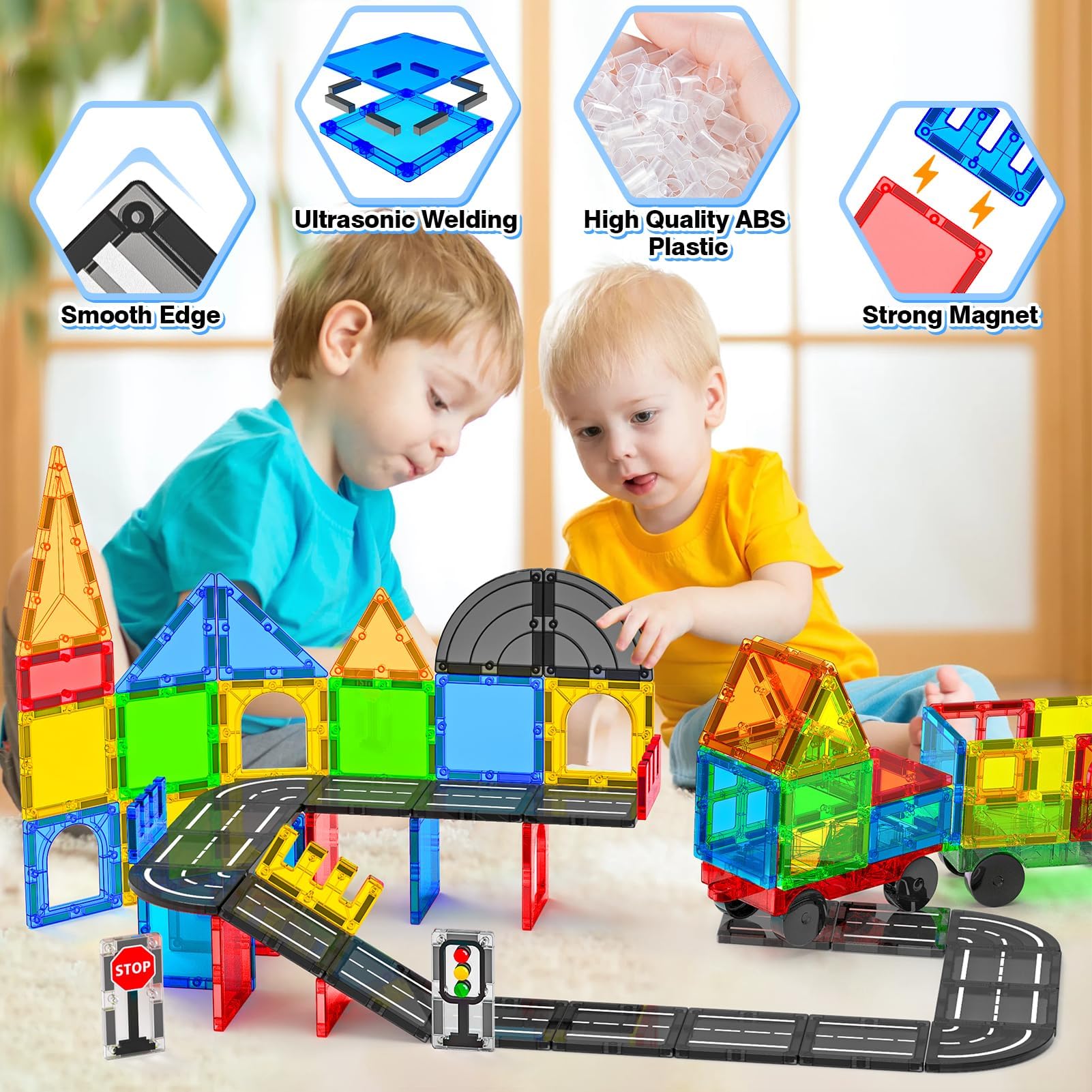 Magnetic Building Blocks Toys for Kids Ages 3-8 - 120PC STEM Construction Set with Cars & Road Tiles | Montessori Educational Toys for Boys & Girls | Perfect Christmas Birthday Gift for Toddlers | Creative Play for Home, Classroom & Travel