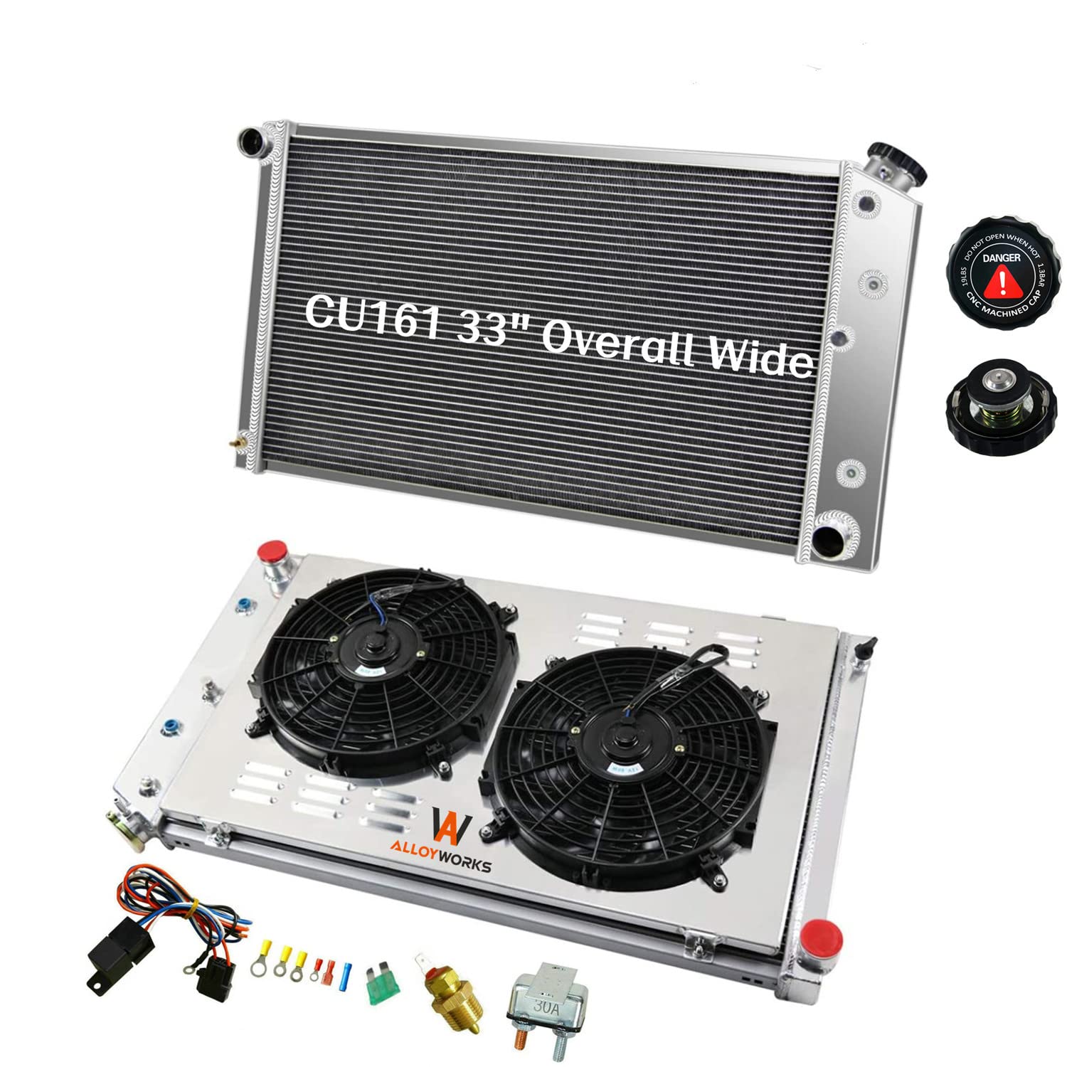 ALLOYWORKS CU161 4 Row All Aluminum Radiator with 2 X 12 Shroud Fan Relay Kit - Compatible with 1968-1990 Chevy C/K/G/P 10/20/30 Pickup Truck & Suburban, 1968-1980 GMC Jimmy, 1968-1990 Buick - Fits MT V8 Engine - Perfect for Cooling System Upgrades & Off-Road Performance