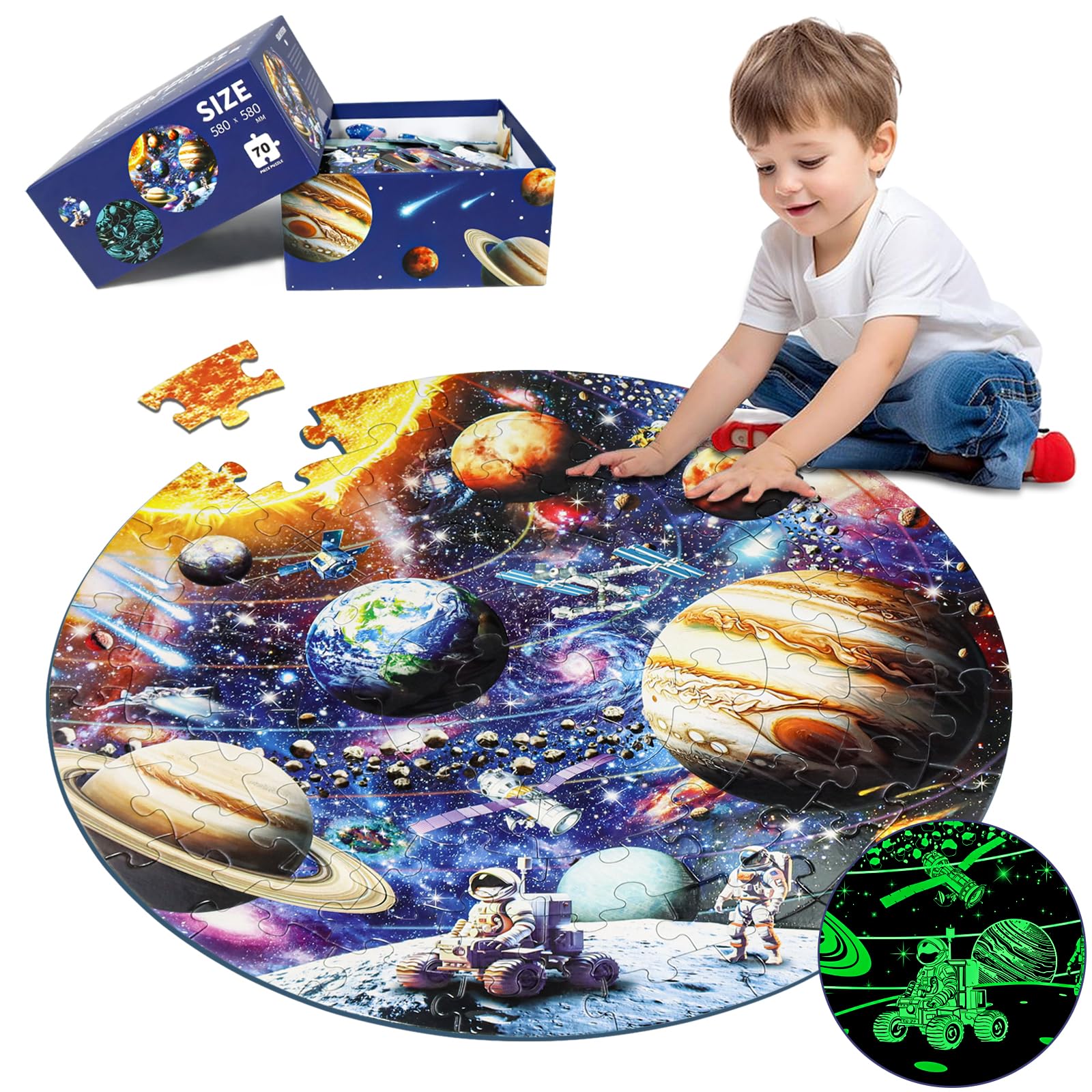 Glow in The Dark Solar System Puzzle for Kids Ages 4-10 - 70 Piece Space Planet Floor Puzzle - Educational STEM Toy Gift for Boys & Girls - Perfect for Bedroom Decor & Astronomy Learning Activities
