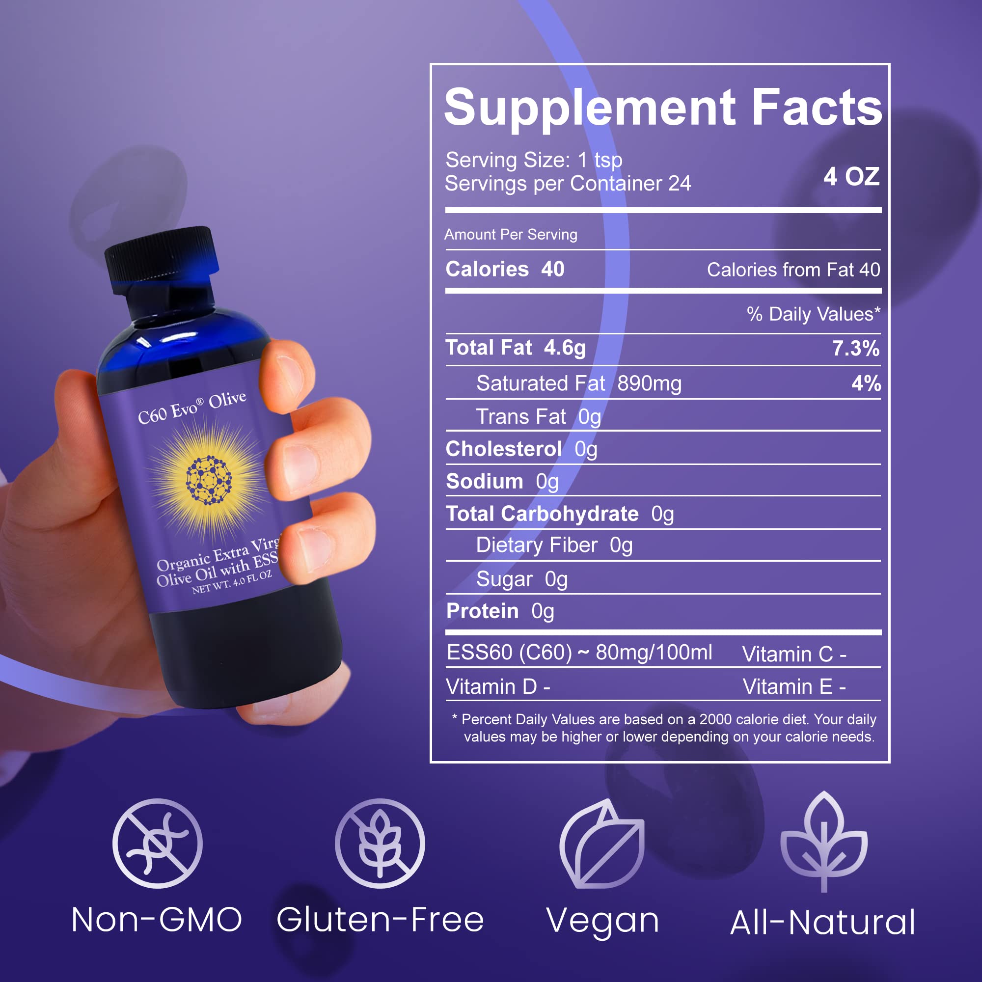 Organic C60 EVO Olive Oil - Pure C60 ESS60 Supplement for Joint Pain Relief, Flexibility, Energy & Immune Support - Natural Sleep Aid (4 oz) - Ideal for Athletes, Seniors & Wellness Enthusiasts