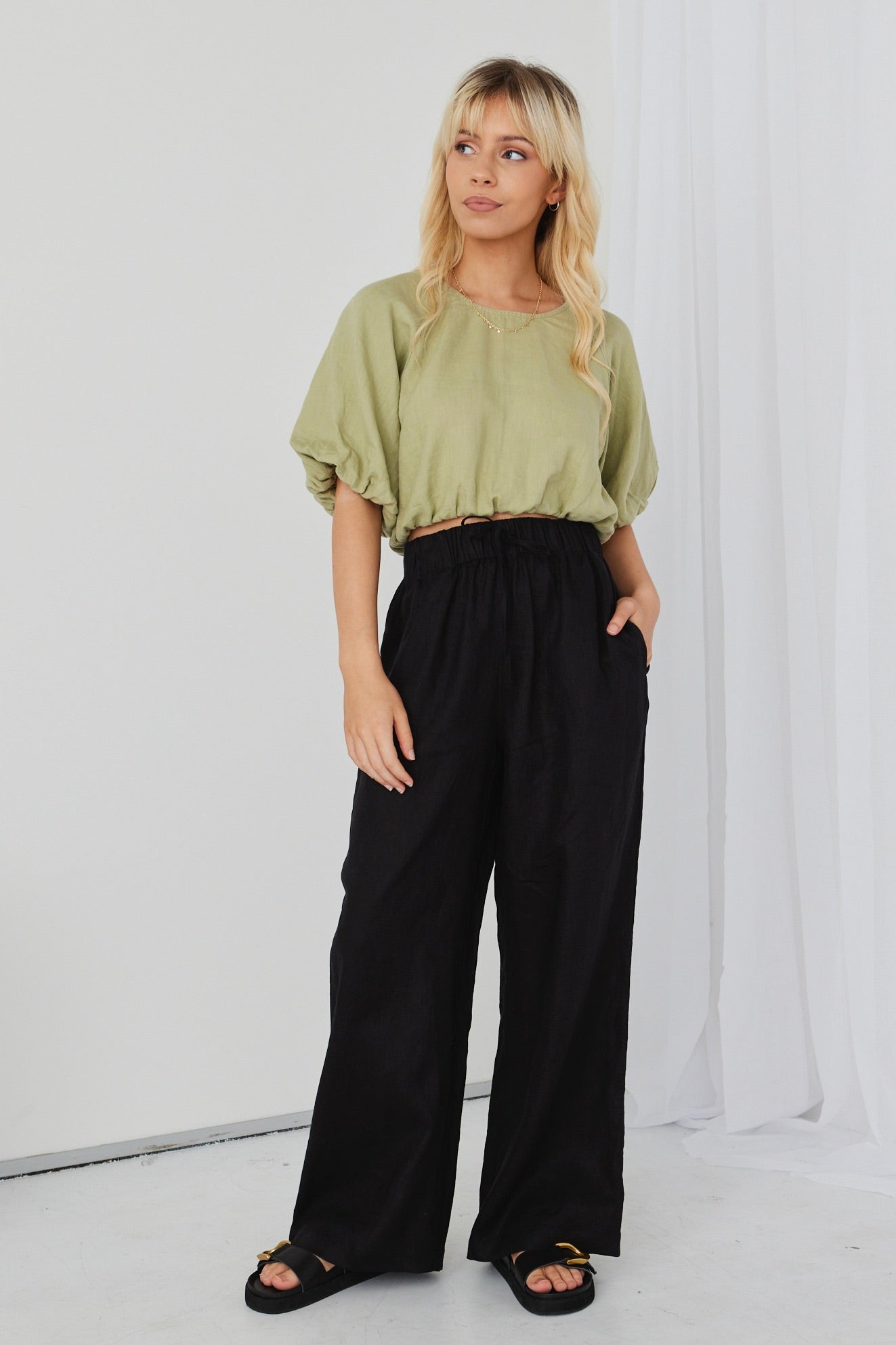 Resort Black Linen Wide Leg Pants with Elastic Waist - Comfortable Summer Beach Pants for Vacation, Travel and Casual Wear