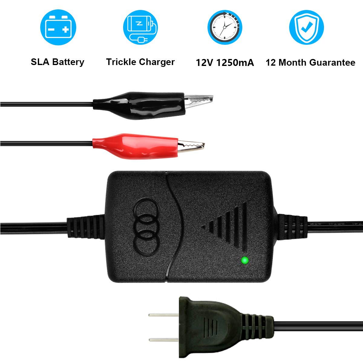 12V 1250mA Smart Trickle Battery Charger - Portable Car Battery Charger for 12V Lead-Acid Batteries - Ideal for Cars, Motorcycles, Boats & Seasonal Vehicles