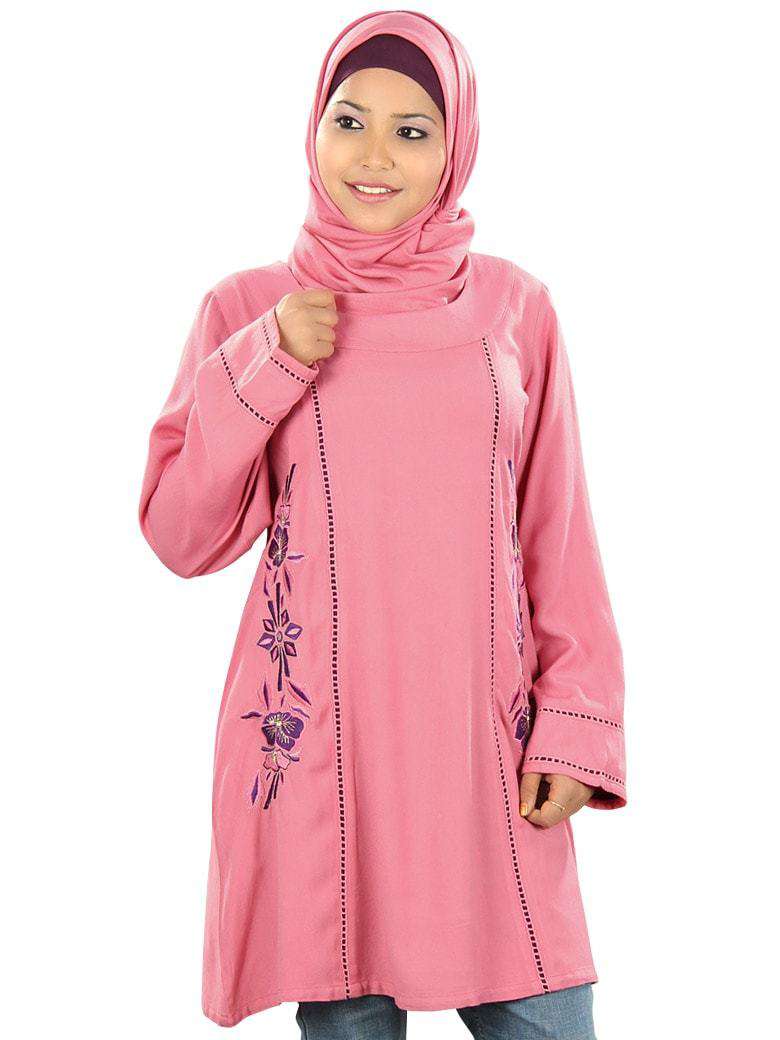 Hazirah Pink Tunic for Women - Flowy Boho Blouse with V-Neck & Long Sleeves - Perfect for Casual Wear, Office Outfits, and Summer Dresses