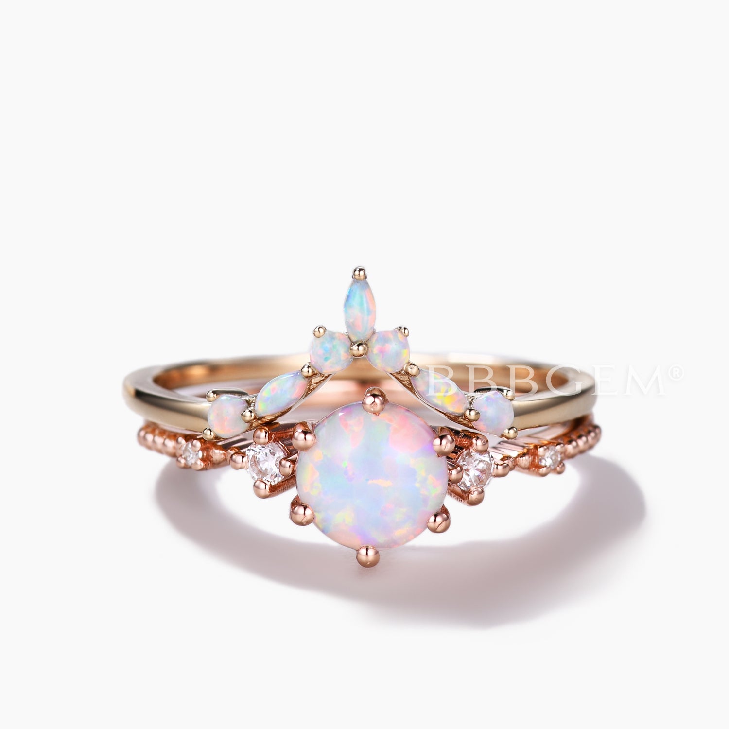 14K Solid Gold Round Opal Bridal Ring Set - Curved Wedding Band for Women, Anniversary Gift, Engagement Jewelry - Perfect for Weddings, Proposals & Special Occasions