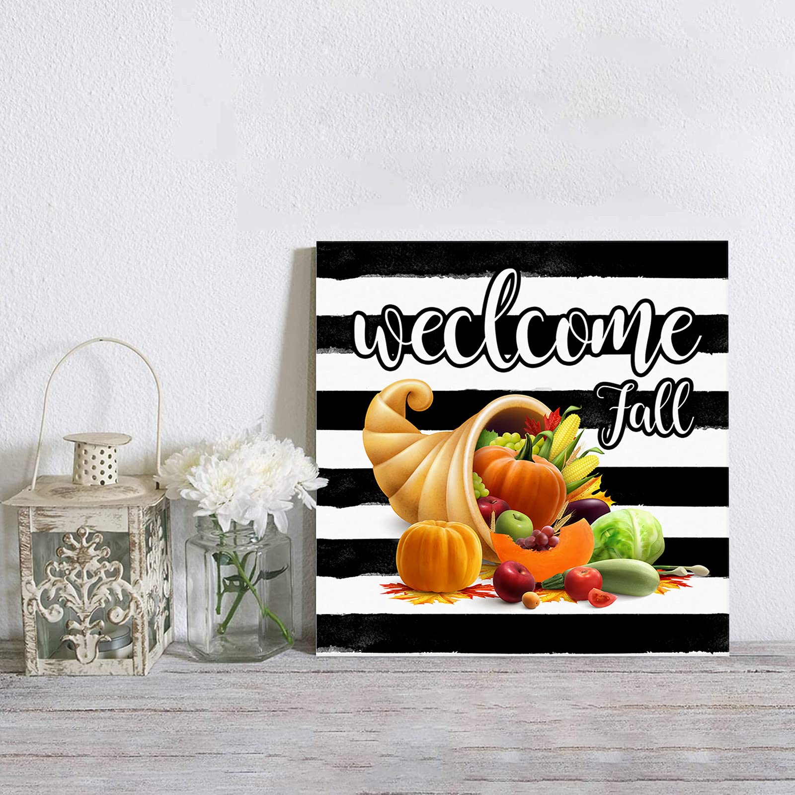 Premium Canvas Wall Art - Fall Cornucopia with Pumpkins & Fruits, Stretched Framed Oil Painting Print, Thanksgiving Harvest Decor for Living Room, Bedroom, Kitchen (28x28 Inch) | Perfect for Autumn Home Decor & Seasonal Farmhouse Style