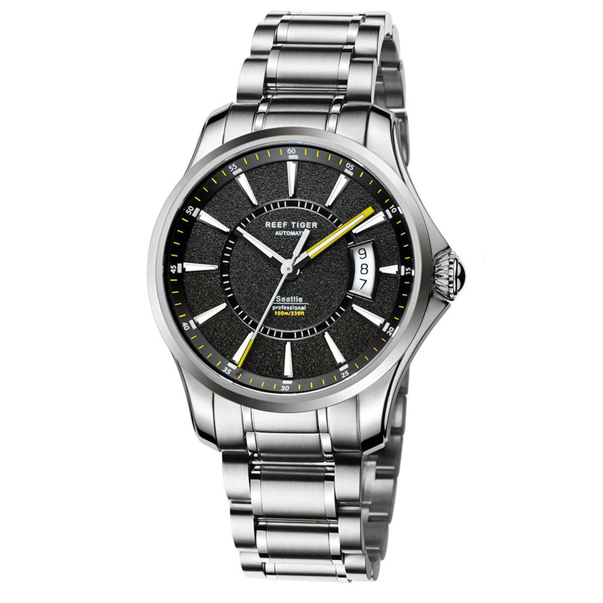 REEF TIGER Men's Waterproof Stainless Steel Sports Watch with Luminous Black Dial - RGA166 - Perfect for Diving, Swimming & Outdoor Activities