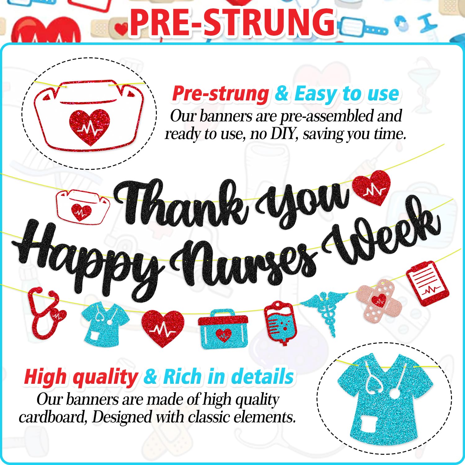 Happy Nurses Week Banner - Certified Nursing Assistant Week Decorations - Nurse Appreciation Backdrop with Black Glitter - Perfect for Hospitals, Clinics & Nursing Schools Celebrations