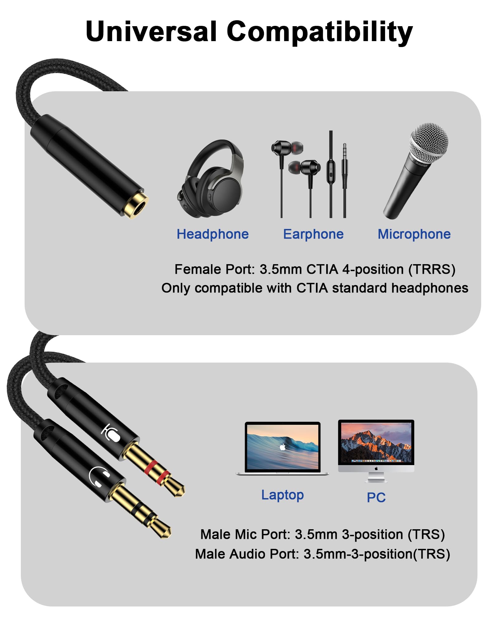 Braided 3.5mm Female to Dual Male Audio Splitter - 2-in-1 Headphone Mic Y Adapter for PC, Gaming Headset, Laptop & Speakers | Aux Cable Converter for Clear Audio & Mic Separation | Perfect for Online Gaming, Video Calls & Music Streaming