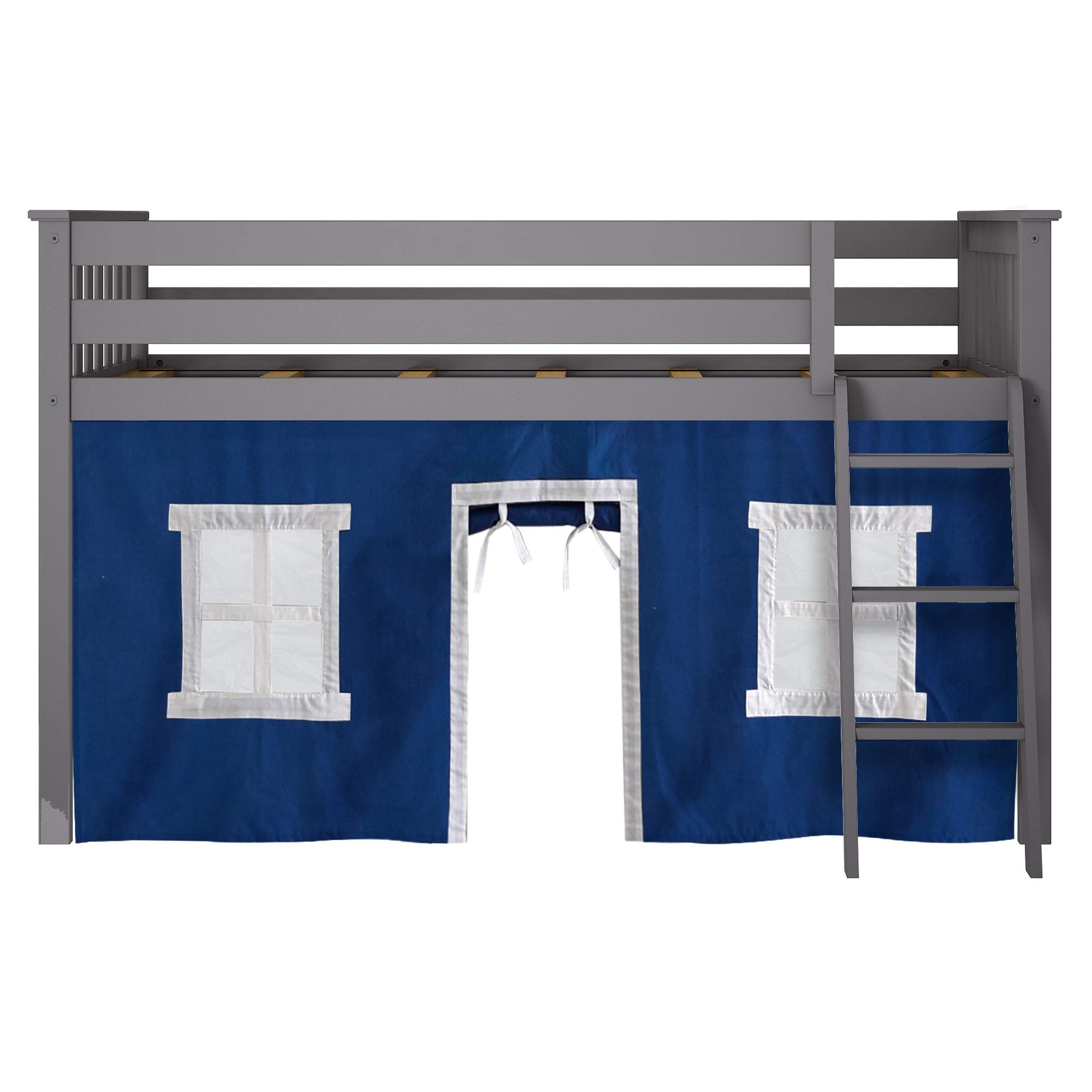 Max & Lily Low Loft Twin Bed Frame for Kids with Privacy Curtains - Space-Saving Grey/Blue Design for Small Bedrooms & Playrooms