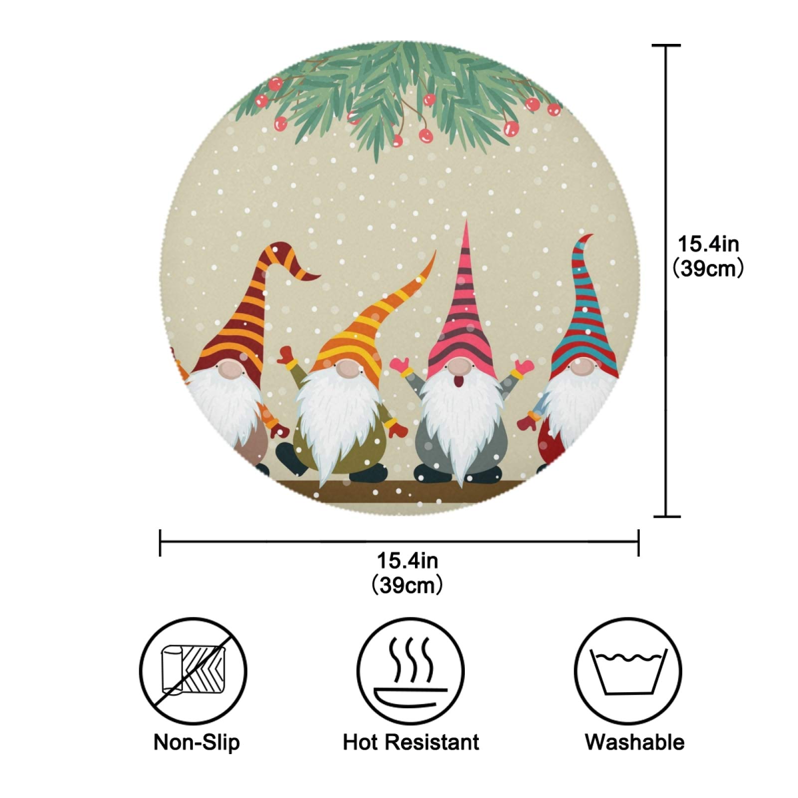 Festive Gnome Christmas Round Placemats Set of 6 - Non-Slip Heat Resistant Washable Dining Table Mats for Holiday Decor & Family Gatherings