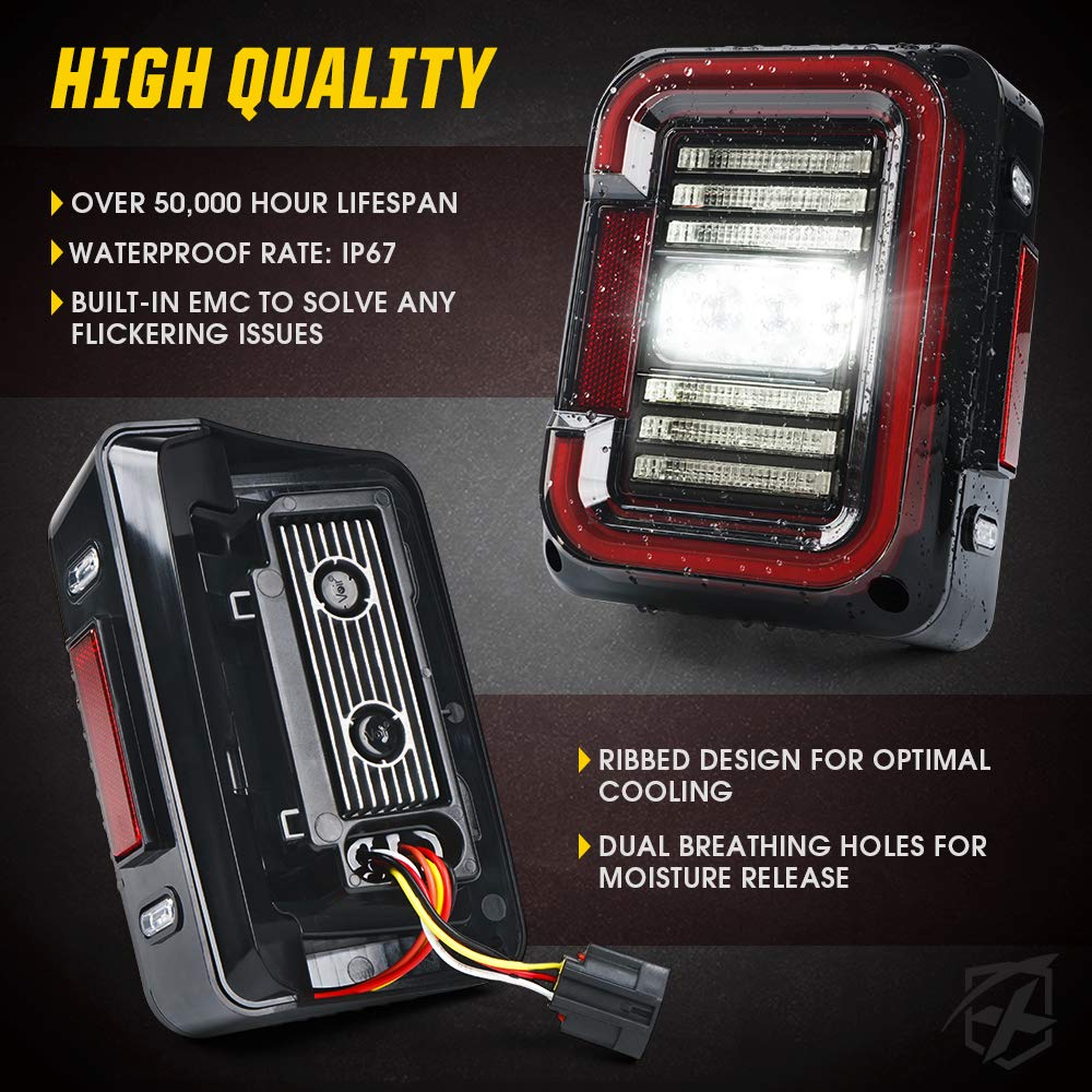 Xprite DOT Approved LED Tail Lights for 2007-2018 Jeep Wrangler JK & JKU (Sport/Sahara/Rubicon) - C-Shaped Clear Lens with Running, Brake, Turn Signal & Reverse Lights - Built-in EMC - Perfect for Off-Roading & Night Driving