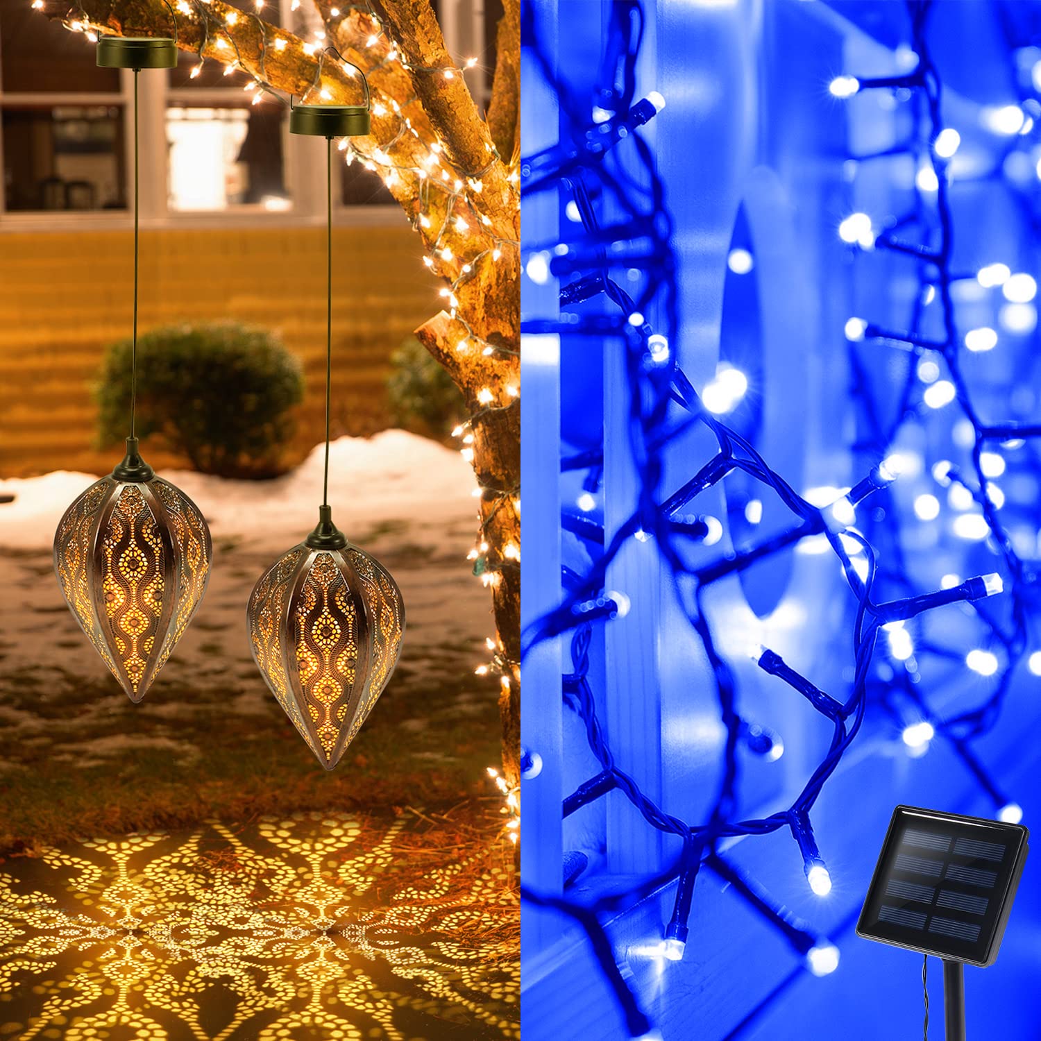 200 LED Blue Solar String Lights - 72 Ft Waterproof Outdoor Hanging Lanterns with Free Bonus (2 Pack) - Perfect for Garden, Patio, Wedding & Party Decorations