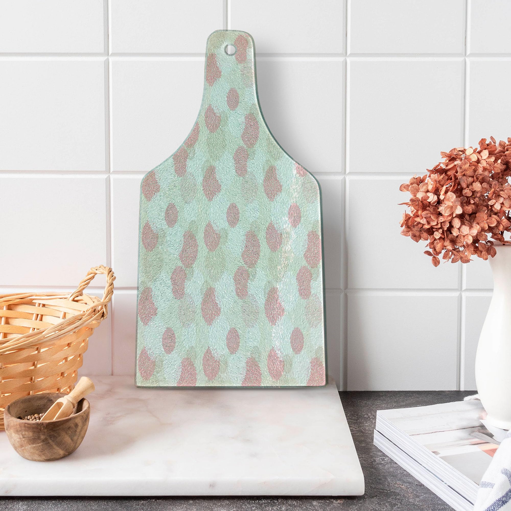 Ambesonne Pastel Cutting Board - Spring Floral Peony Design, Tempered Glass Serving Board for Kitchen & Dining - Wine Bottle Shape in Brown, Pink & White - Perfect for Entertaining, Charcuterie & Cheese Platters