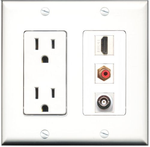 RiteAV 15 Amp Power Outlet with HDMI, RCA, and BNC Ports - Decorative Wall Plate for Home Theater, CCTV, and AV System Installations