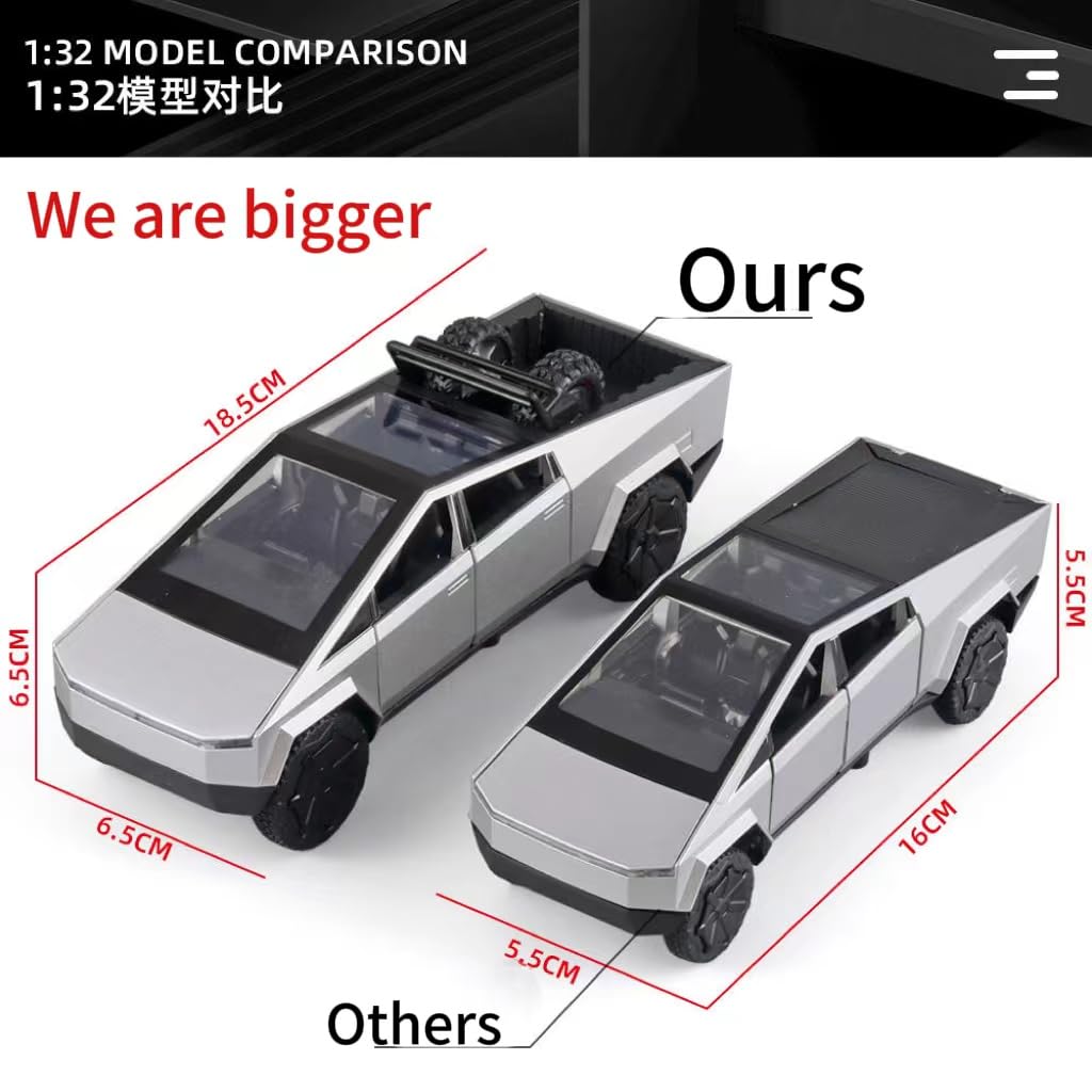 1:32 Scale Diecast Metal Cybertruck Toy Car with LED Lights & Sound Effects - Realistic Gray Silver Tesla Cyber Truck Model for Kids & Collectors - Perfect Gift for Birthdays, Christmas & Playtime Adventures