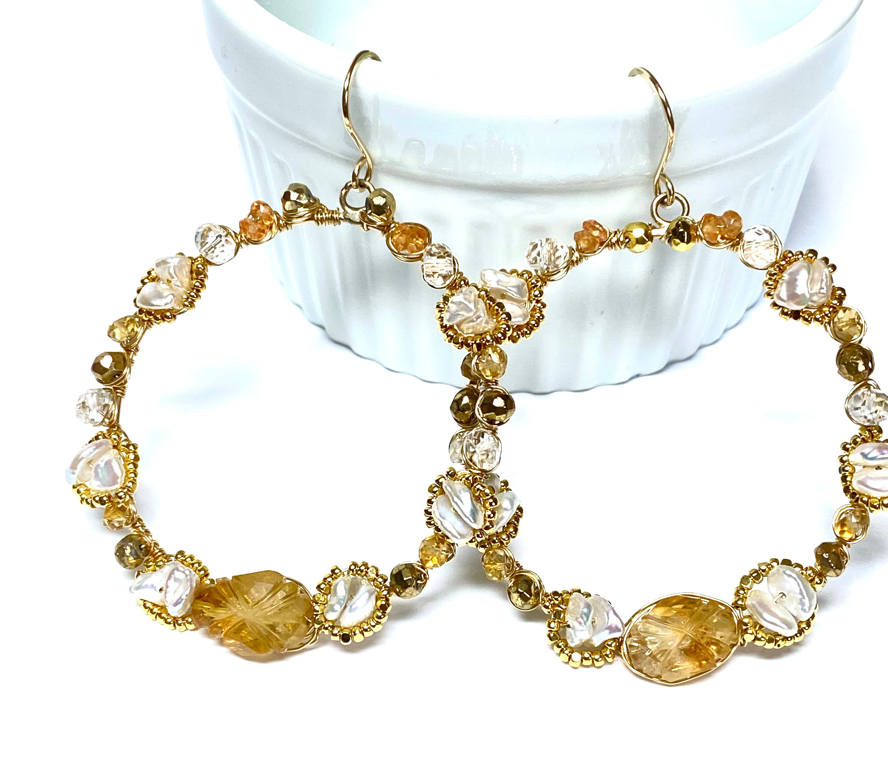 14K Gold Citrine Gemstone Hoop Earrings for Women - Dainty Wire Wrapped Boho Jewelry for Everyday Wear & Special Occasions