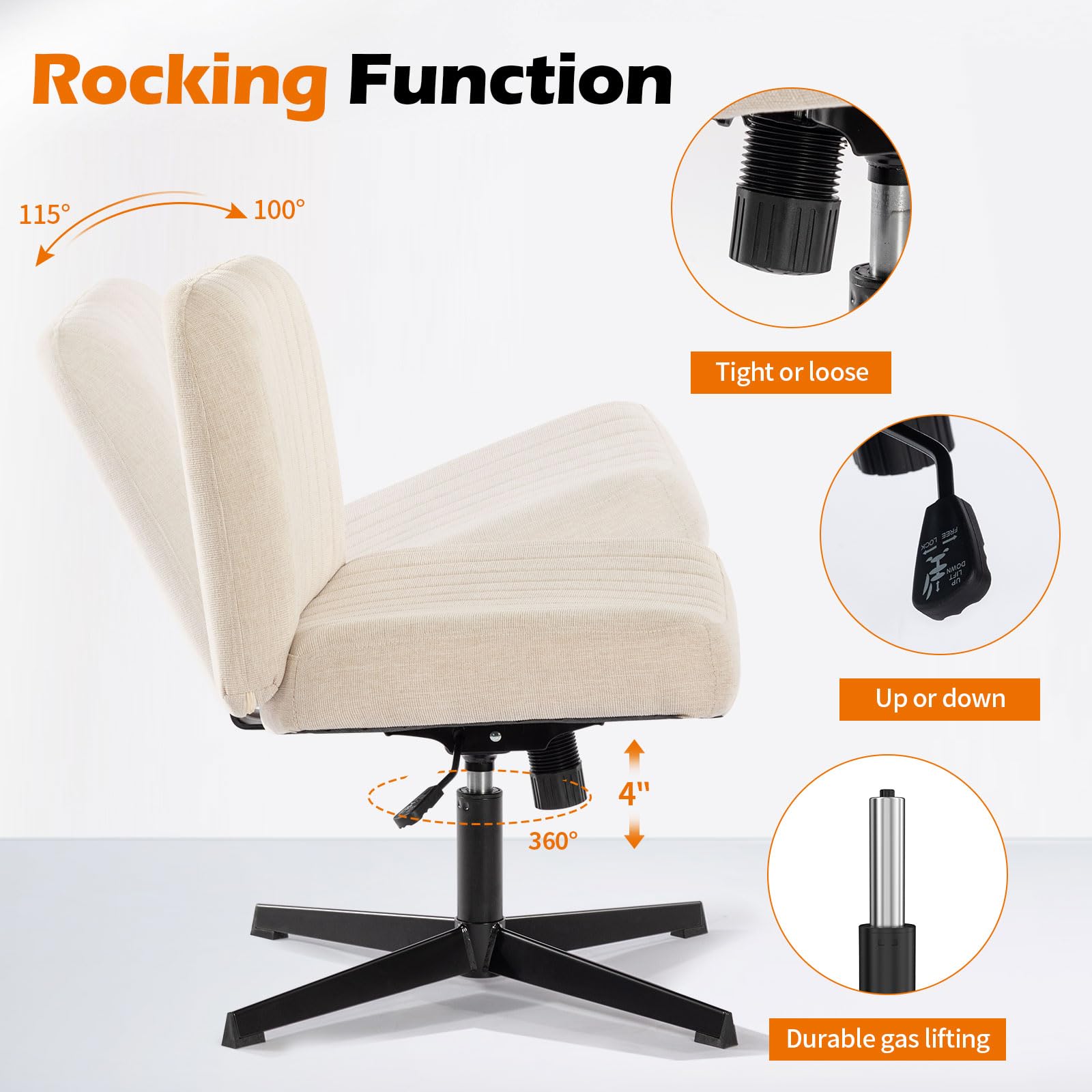 Criss Cross Chair No Wheels - Vanity Chair Without Back, Armless Makeup Stool, Wide Adjustable Height Desk Chair for Cross Legged Sitting - Beige Seat for Home Office, Beauty Salon & Dressing Room