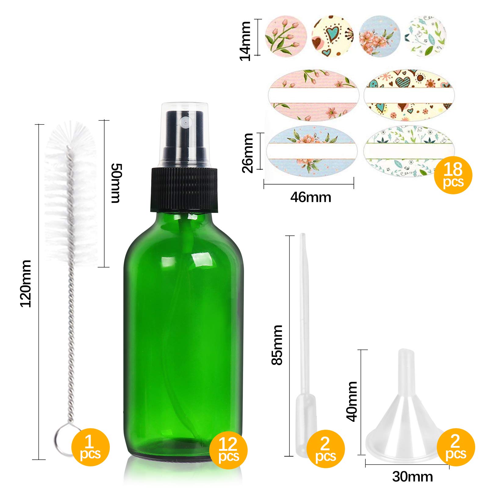 STARSIDE 12 Pack 4oz (120ml) Green Glass Spray Bottles with Fine Mist Nozzle & Dust Cap - Essential Oil Bottles, Perfume Atomizer, Cleaning Solution Sprayer - Includes 1 Brush, 2 Funnels, 2 Droppers & 18 Labels - Perfect for DIY Beauty, Aromatherapy & Home Cleaning