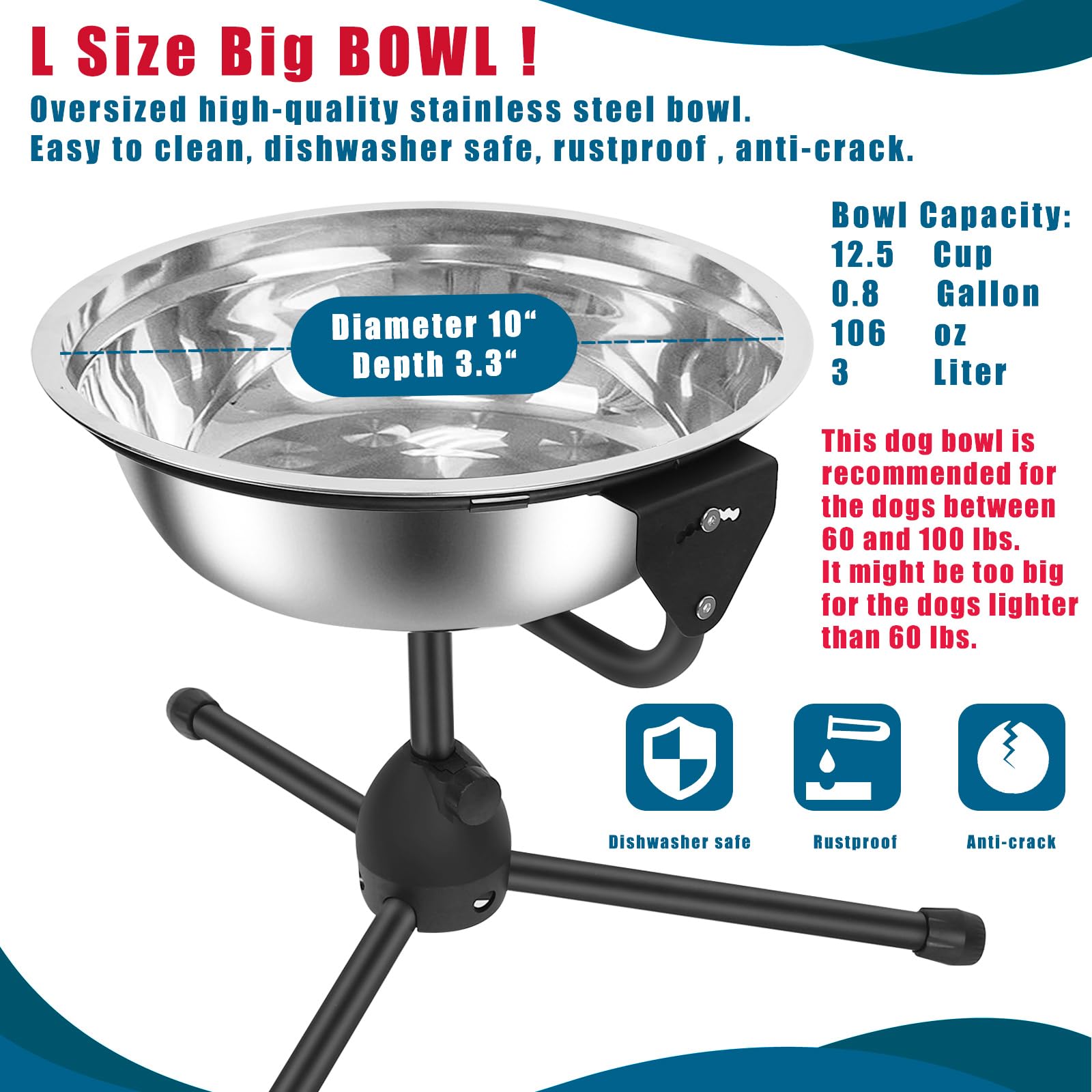 Adjustable Elevated Dog Bowl Stand with Non-Slip Base - 3L Stainless Steel Raised Food & Water Bowl for Large Dogs (60-100 lbs) - Perfect for Joint Health, Digestion & Mess-Free Feeding