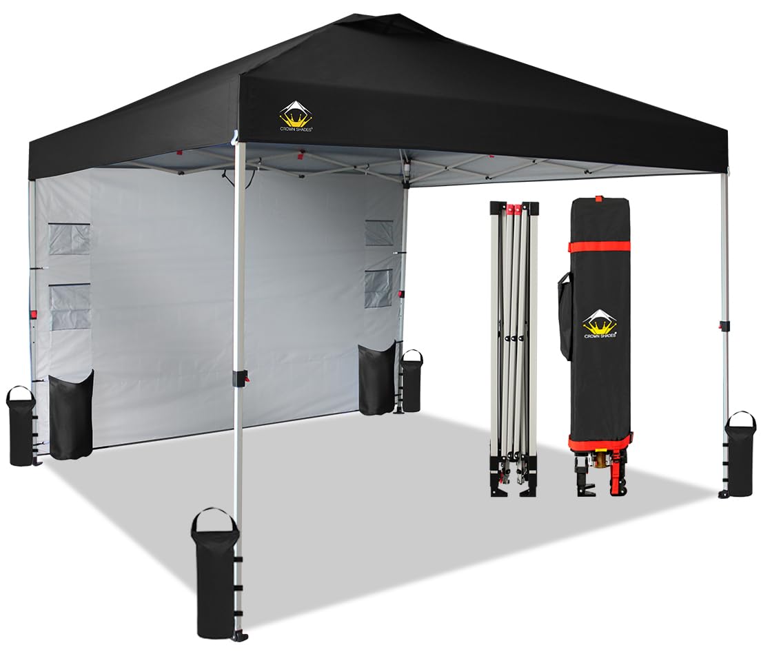 10x10 Pop Up Canopy Tent with Sidewalls & Pockets - Portable Instant Sun Shelter for Outdoor Camping, Beach, Picnics & Backyard Parties - Easy One-Person Setup with Center Lock System - Black CROWN SHADES Canopy