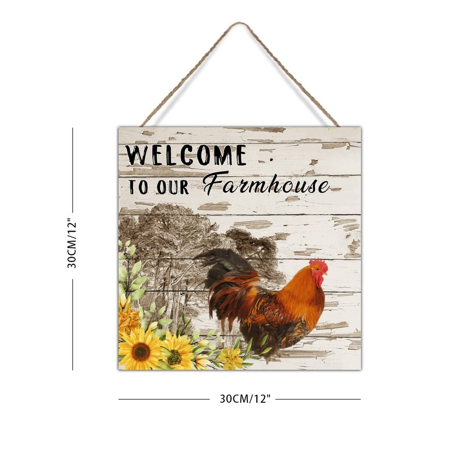 Distressed Wood Welcome Sign - Rustic Farmhouse Decor for Chicken Coop, Home, Office & School - 12x12 Inch Farmhouse Plaque with Rooster Design - Perfect for Country Kitchen, Porch, or Barn Wall Decor
