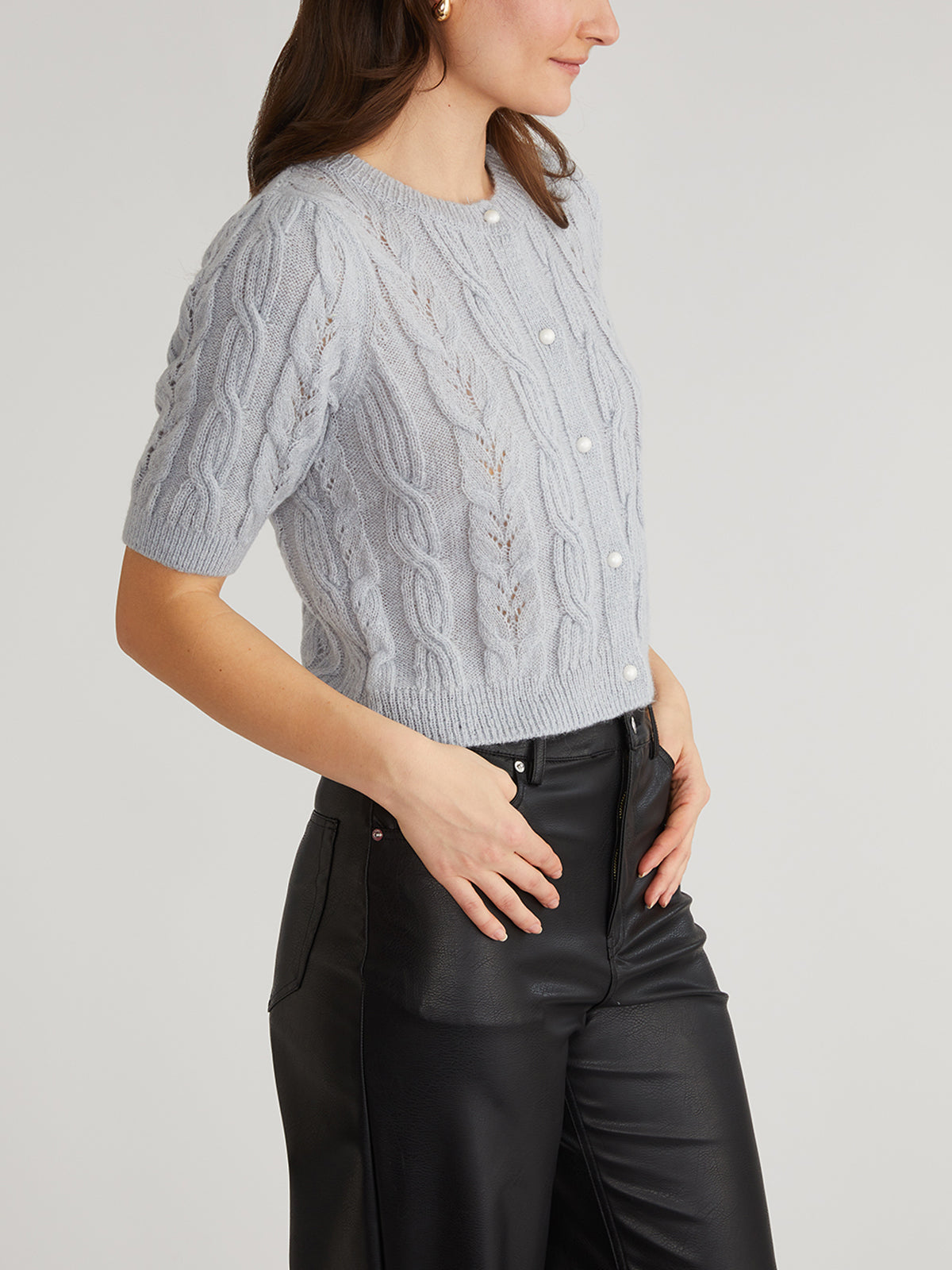 Lacey Puff Sleeve Crew Neck Cardigan Sweater for Women | Cozy Knit Pullover | Perfect for Fall, Winter & Layering Outfits