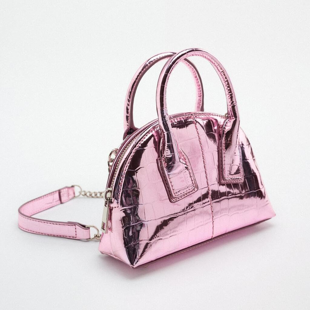 Mini Silver Crossbody Purse for Women - Cute Small Top Handle Gold Purse with Shiny Chain - Pink Metallic Handbag for Parties, Date Night & Daily Use