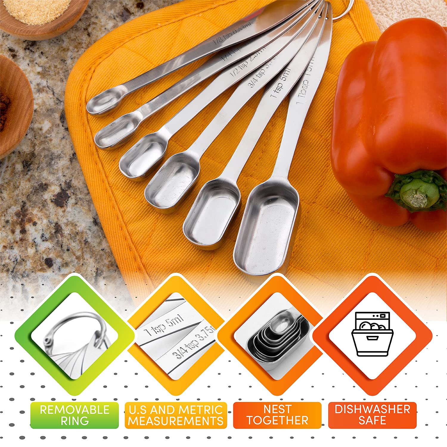 Spring Chef Stainless Steel Measuring Spoons & Cups Set - 2-Piece Kitchen Bundle for Baking & Cooking | Rectangular Spoons & Round Cups