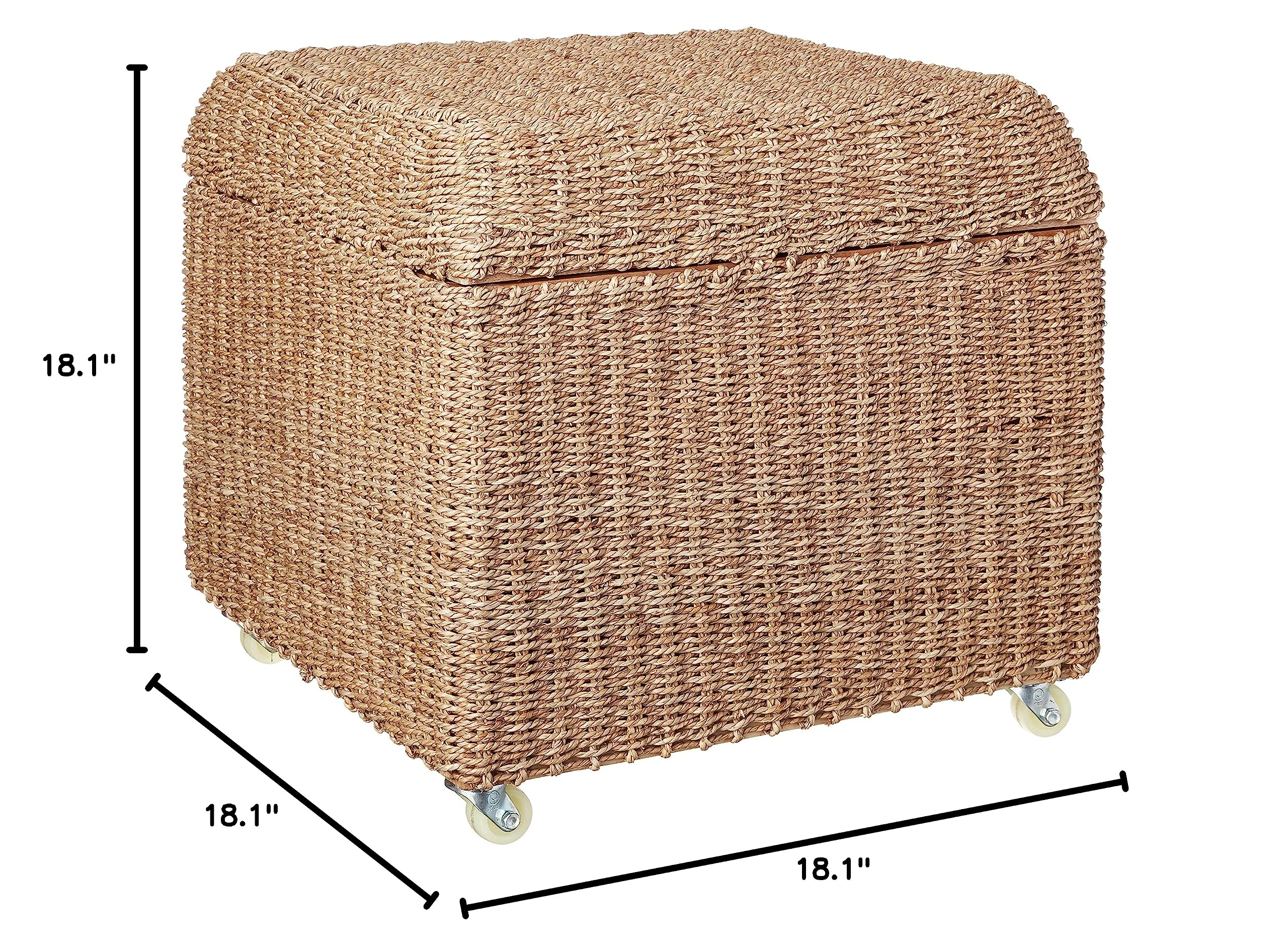 Seagrass Wicker Storage Bench with Wheels - Rolling Storage Ottoman for Living Room, Bedroom & Entryway - Natural Woven Basket Seat with Lid for Blankets, Toys & Home Organization