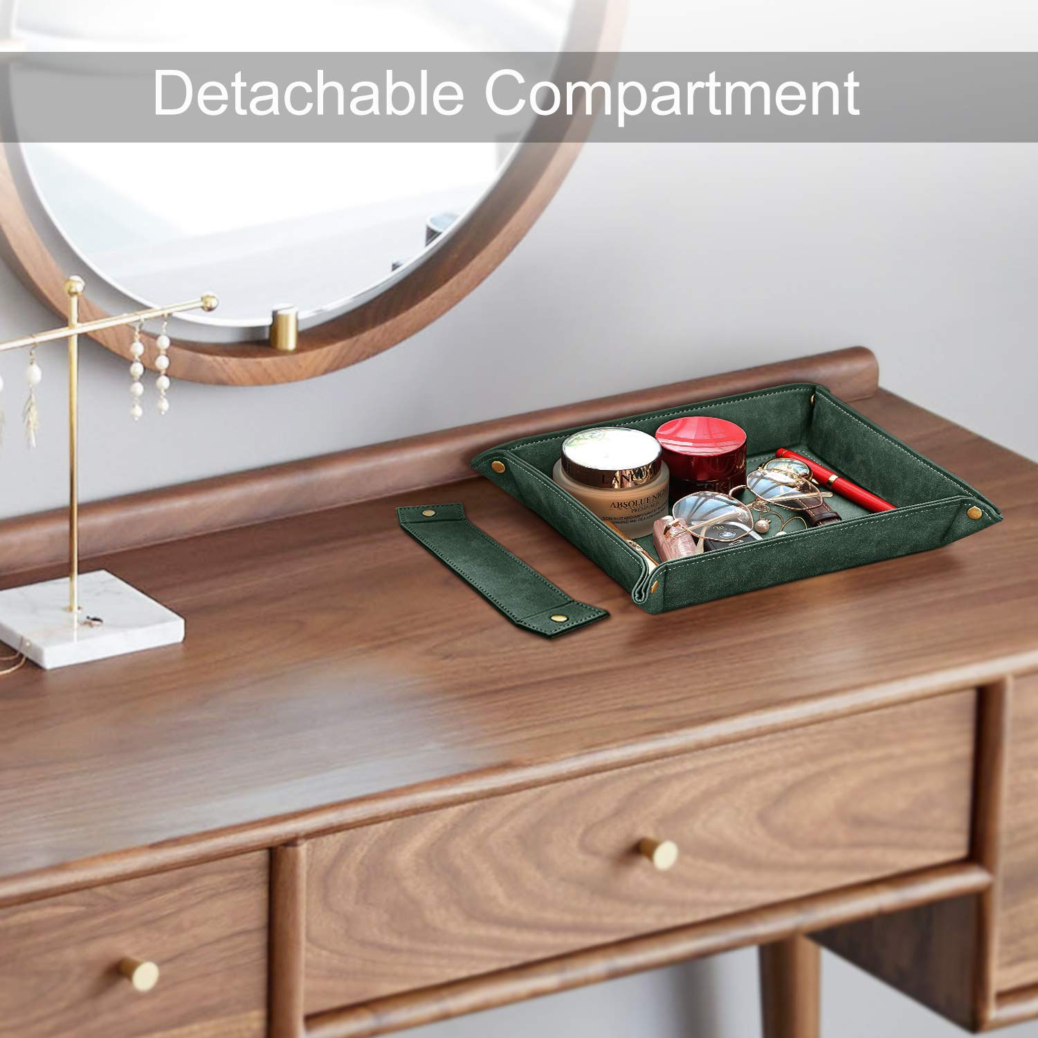 SITHON Valet Tray - 2 Compartment Desktop Organizer with Removable Dividers | Nightstand Catchall Tray for Jewelry, Keys & Essentials | Dark Green Storage Plate for Bedroom, Office & Vanity