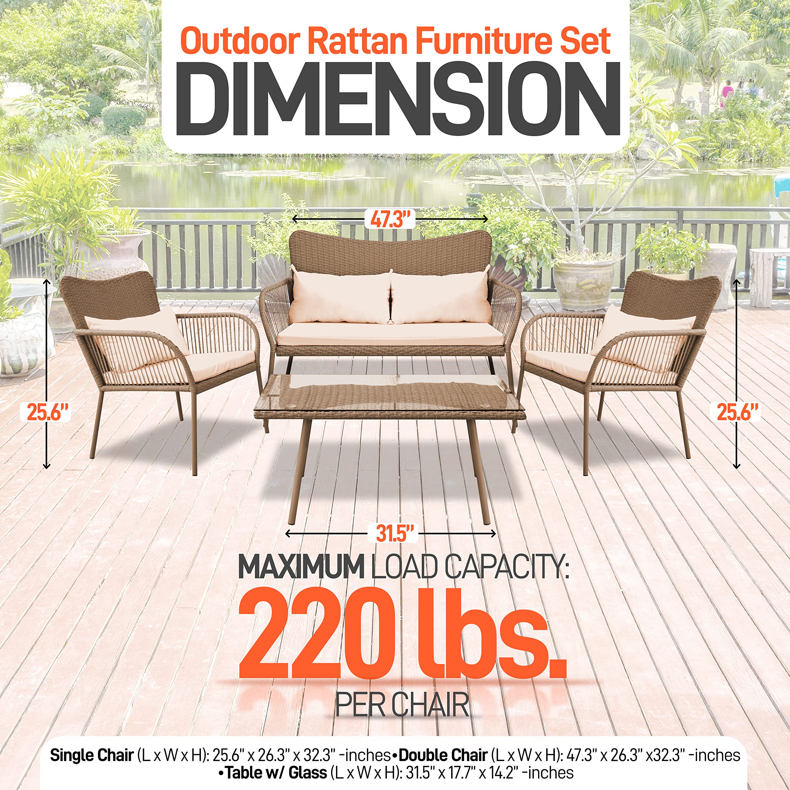 SereneLife 4-Piece Outdoor Rattan Patio Furniture Set with Cushions - 1 Double Sofa, 2 Single Chairs & Glass-Top Coffee Table (Beige) - Perfect for Garden, Poolside, and Backyard Relaxation