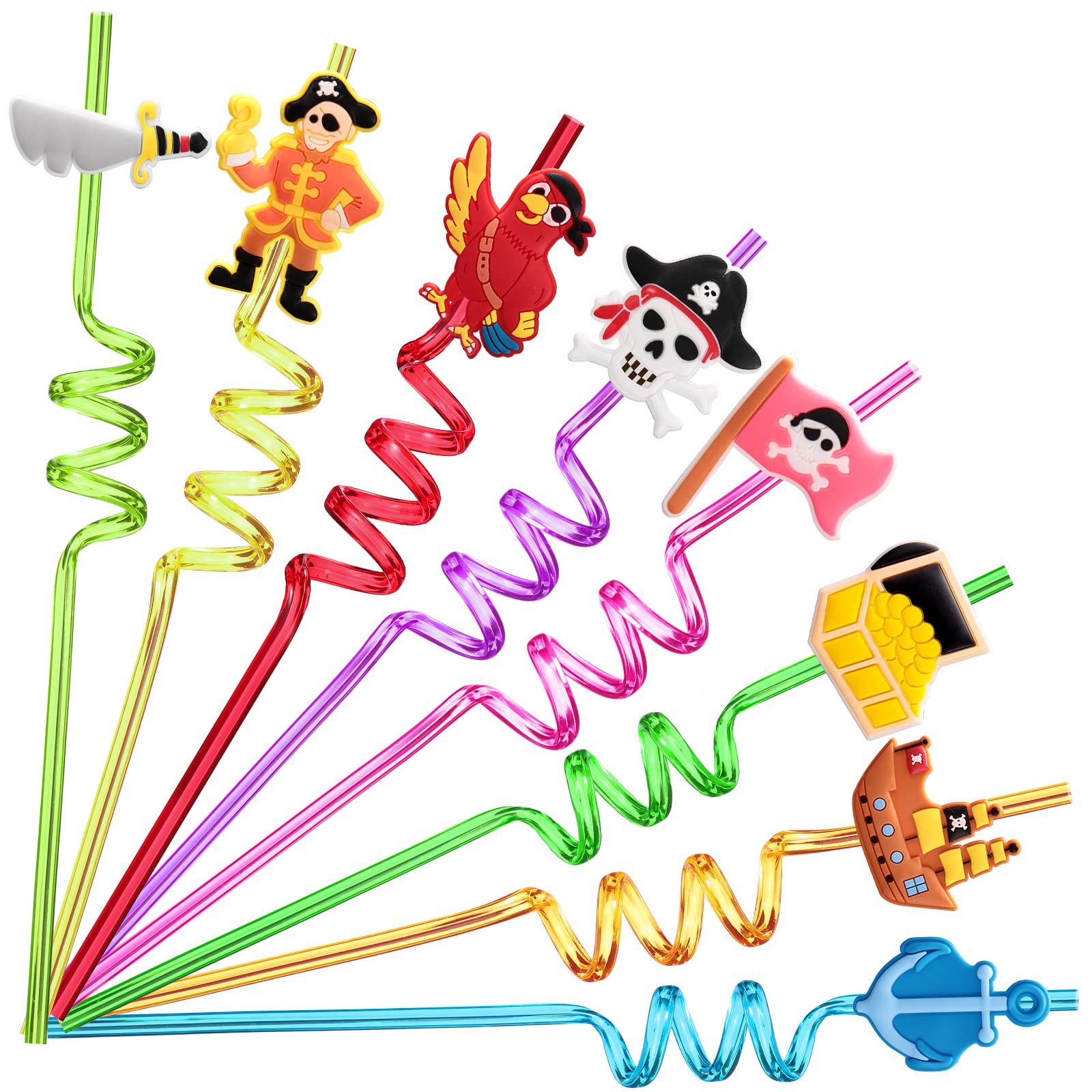 24 Pack Reusable Plastic Pirate Straws for Themed Birthday Parties - Includes 2 Cleaning Brushes - Perfect for Pirate Decorations, Kids' Parties & Halloween Events