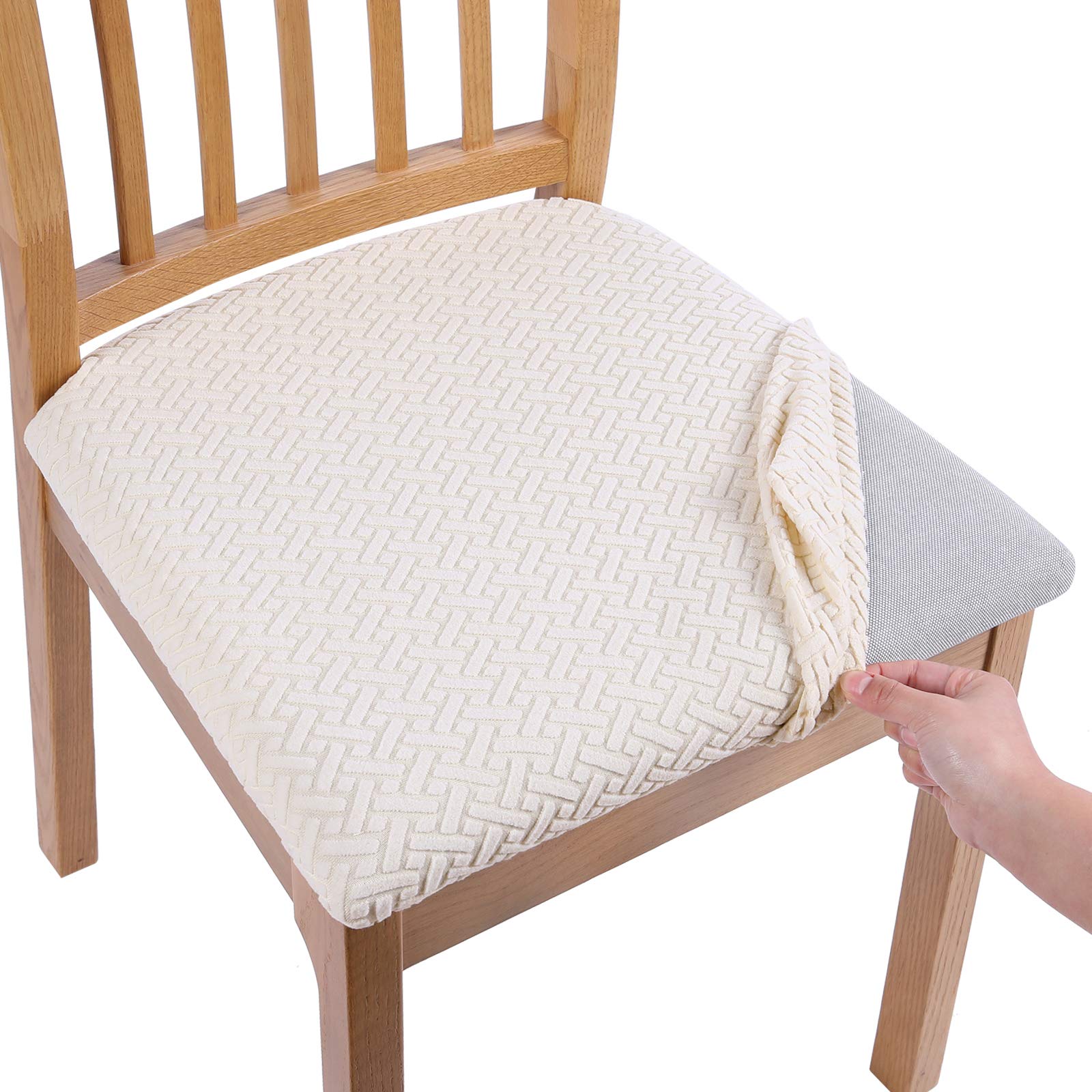 Stretch Jacquard Dining Chair Seat Covers with Buckle - Set of 6, Beige | Washable & Non-Slip | Perfect for Home, Restaurant, Wedding, and Party Decor