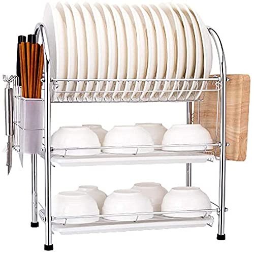 3-Tier Stainless Steel Dish Drying Rack with Removable Plastic Trays - Space Saving Kitchen Organizer for Dishes, Cups & Utensils - Perfect for Countertop, Sink Side & Small Kitchen Storage (Silver, One Size)