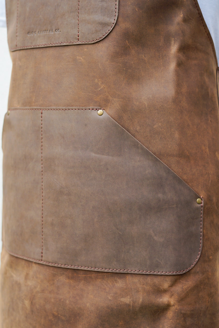 Premium Full Grain Leather Apron - Crazyhorse Brown Work Apron with Extra Pockets for Cooking, BBQ, Woodworking & Crafts