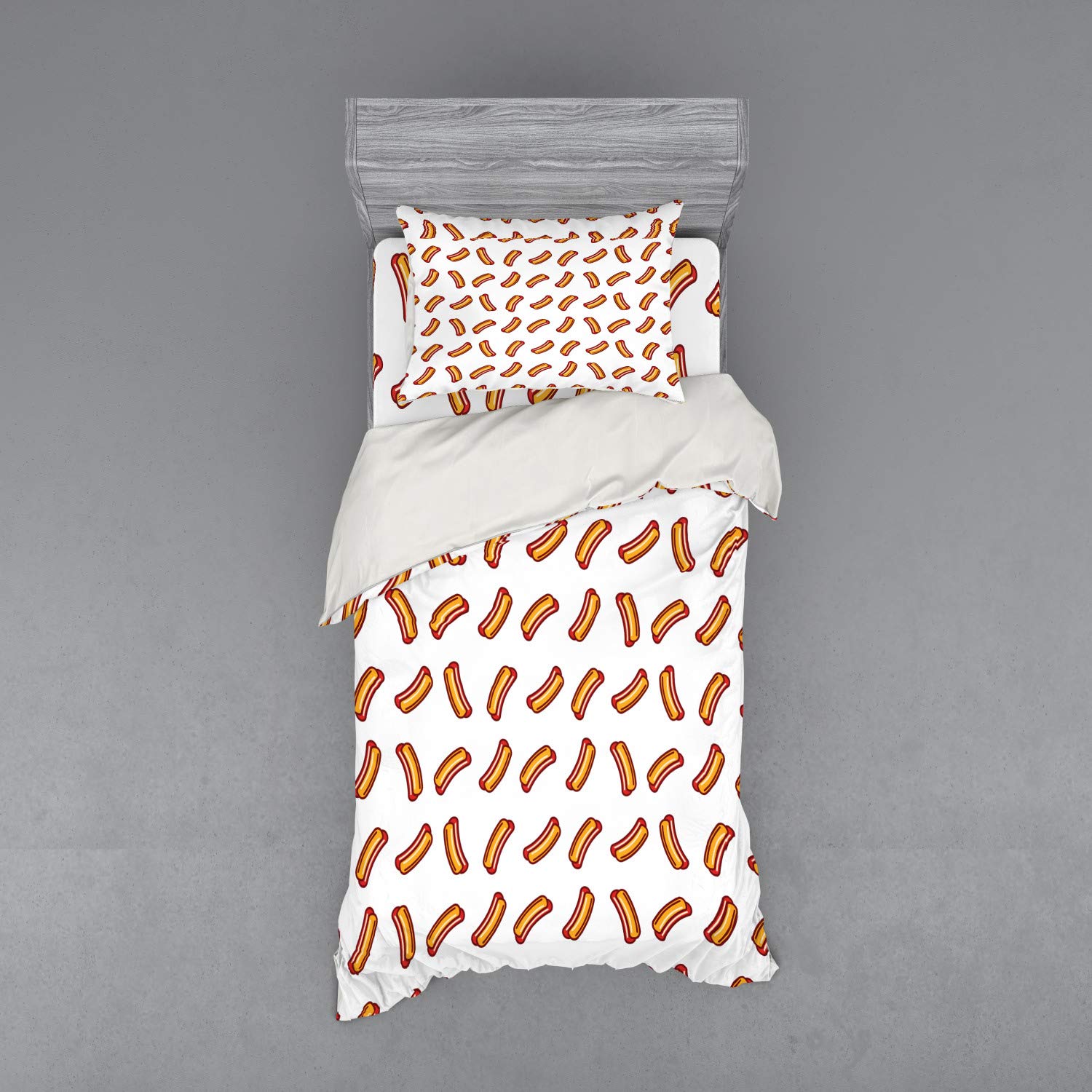 Ambesonne Hot Dog Duvet Cover Set - 3 Piece Twin Size Bedding with Sham & Fitted Sheet - Fun Food Pattern with Buns & Sausages in Orange & Burgundy - Perfect for Kids' Rooms, Dorm Decor & Hot Dog Lovers